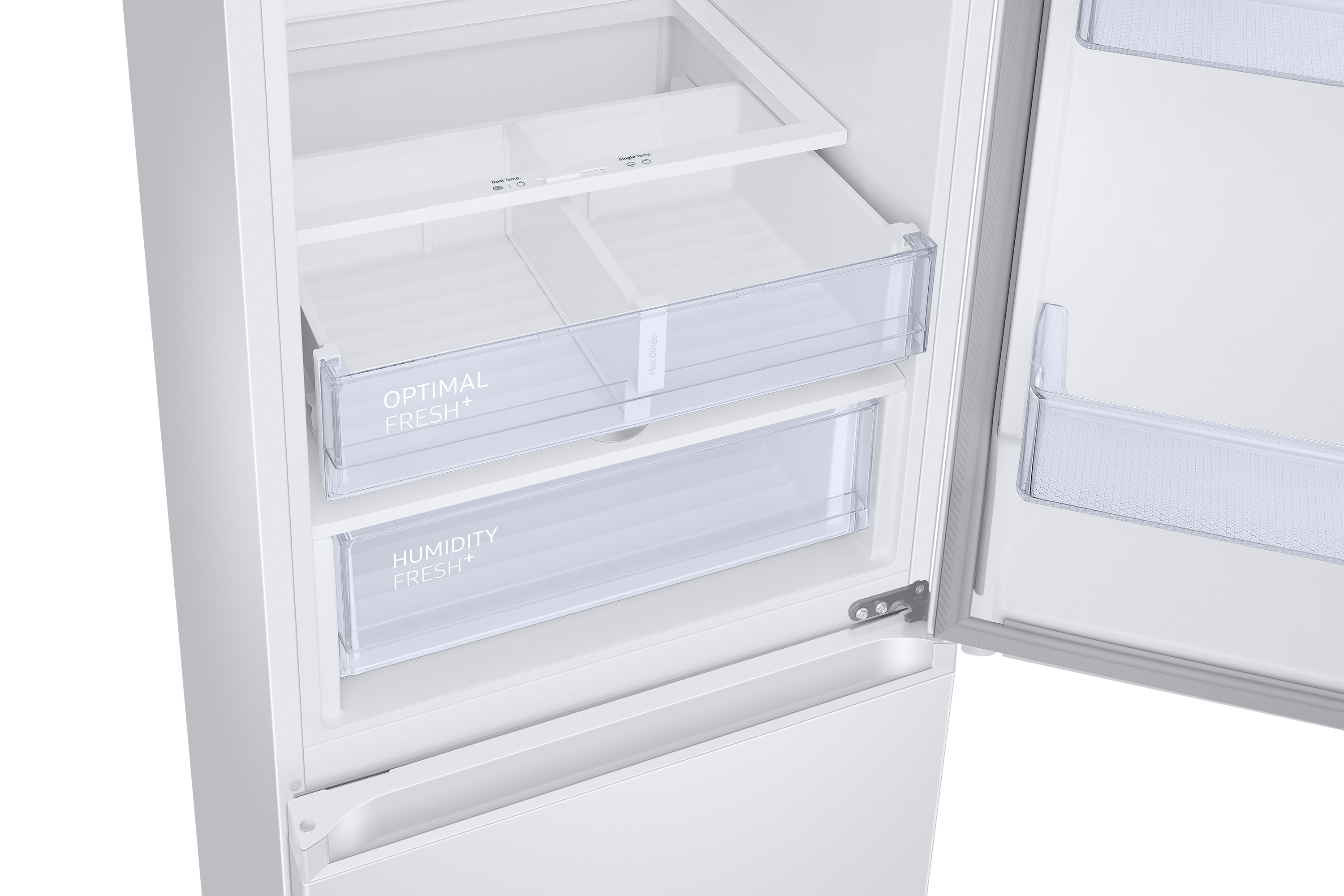 Interno frigorifero bianco aperto. Ha cassetti con etichette 'OPTIMAL FRESH+' e 'HUMIDITY FRESH+'.