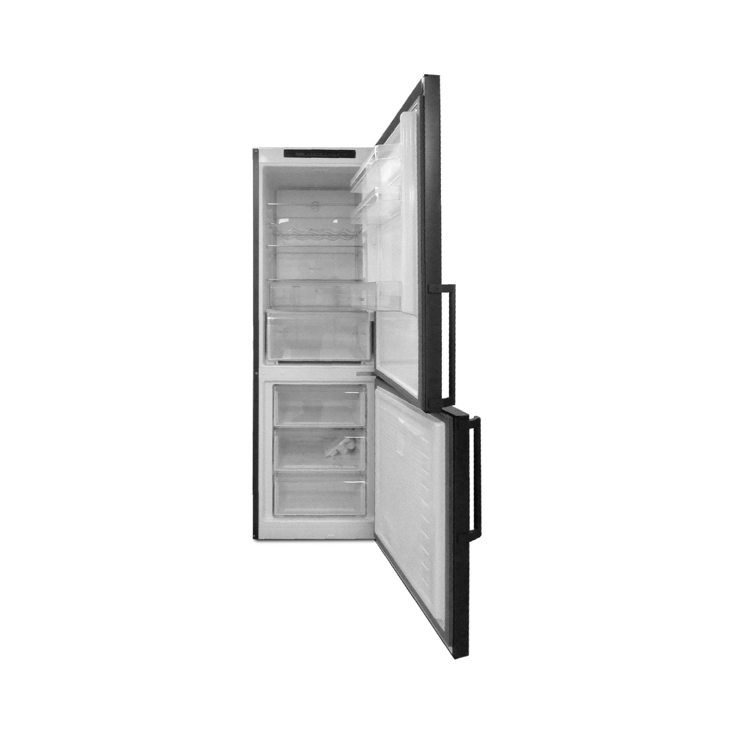 Ein offener schwarzer Kühlschrank vor weißem Hintergrund. Die Türen sind geöffnet und zeigen Regale und Schubladen. Der Griff ist sichtbar.
