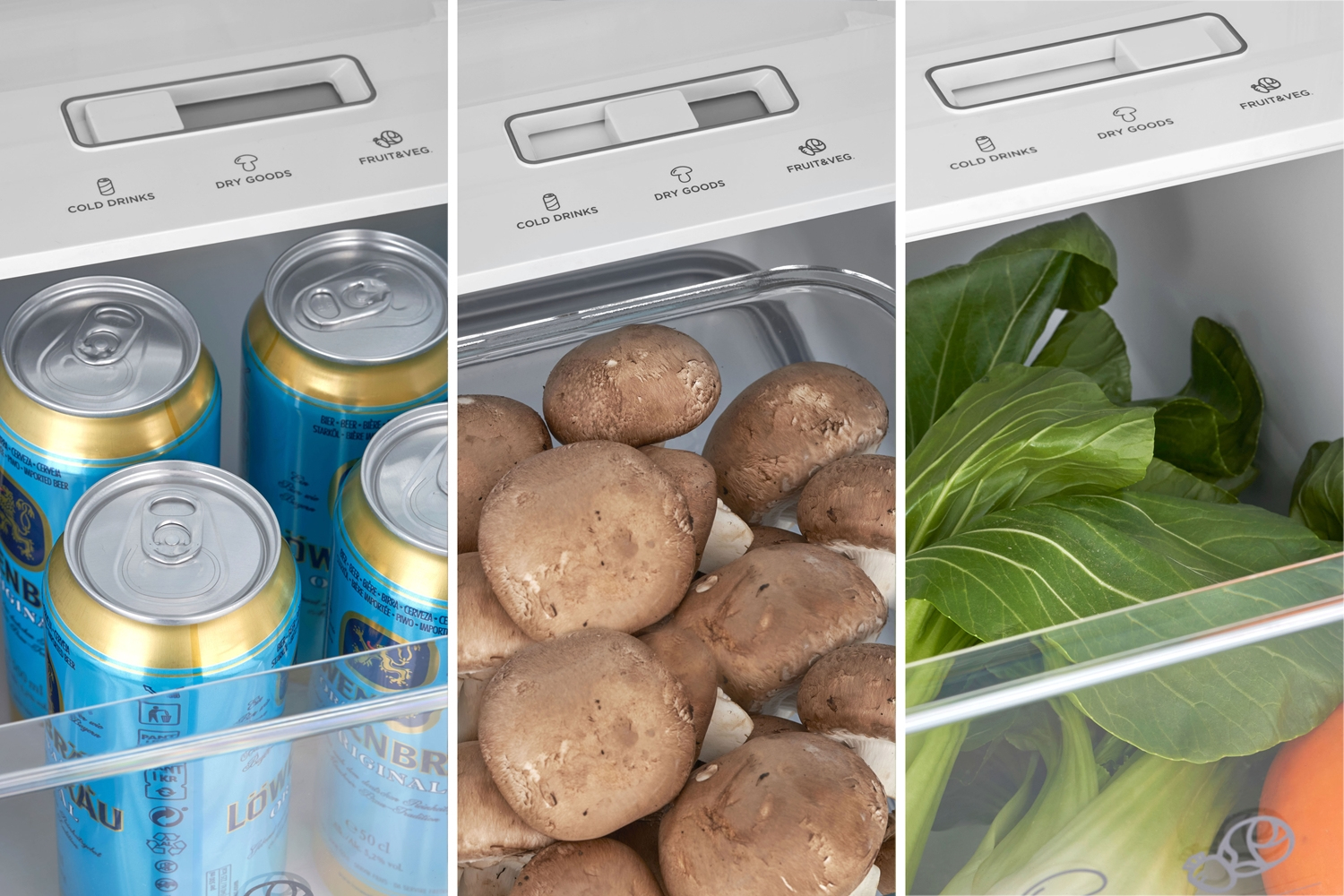 Ein Kühlschrank mit Fächern wird gezeigt. Eines hat Biere, ein anderes Pilze und ein anderes grünes Gemüse und Karotten.