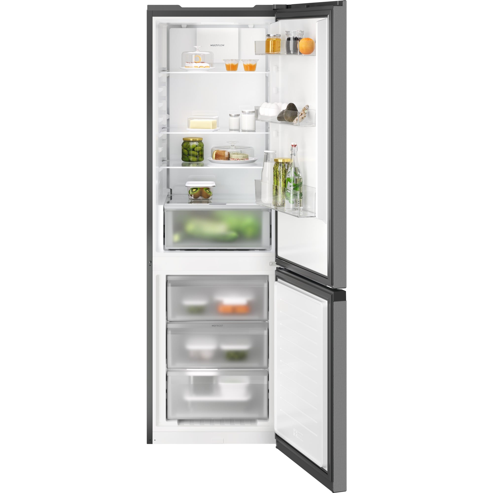 Un refrigerador abierto con alimentos en los estantes: pasteles, frascos, verduras y bebidas.