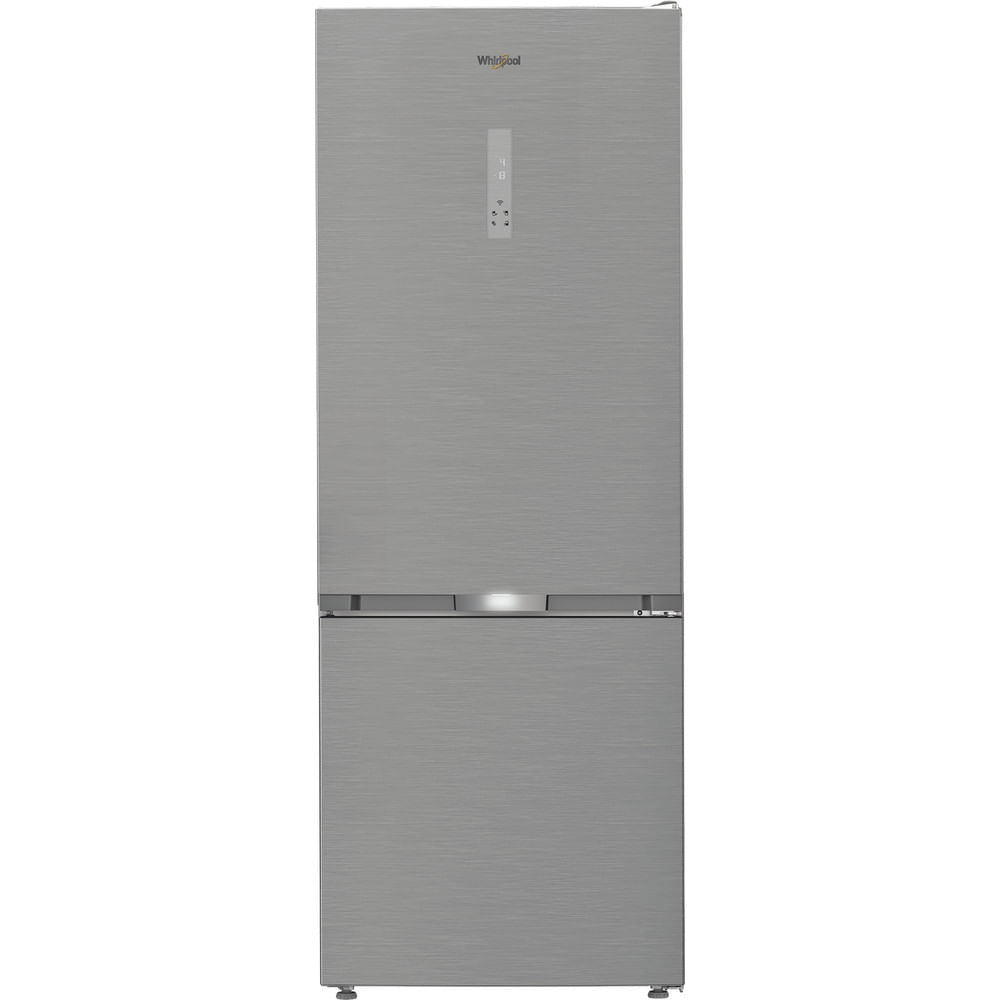 Un refrigerador Whirlpool plateado. La puerta superior tiene una pantalla. La parte inferior es un congelador. La superficie tiene un efecto de metal cepillado.