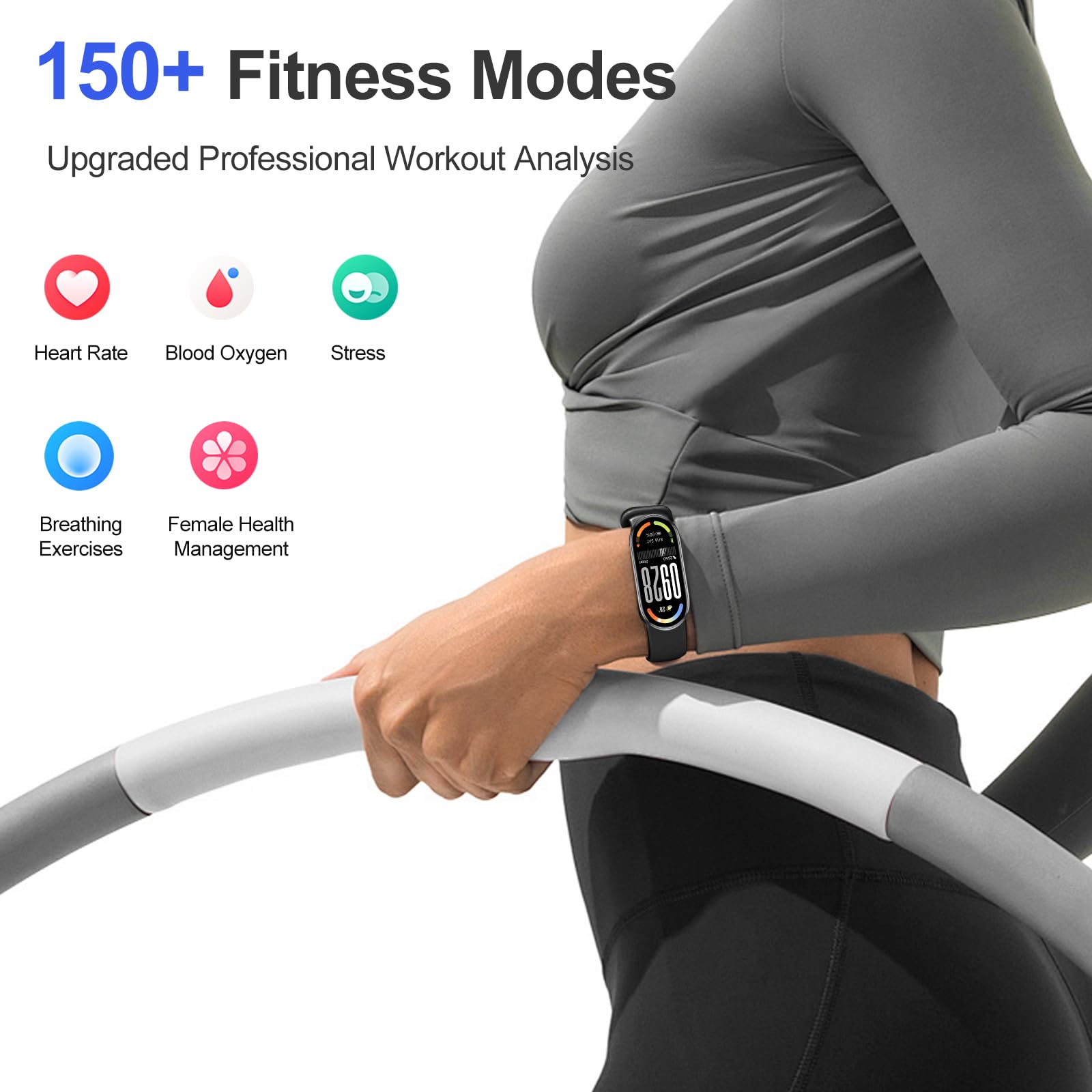 Una persona con un rastreador de fitness sostiene un hula hoop. La imagen anuncia modos de fitness. Los iconos muestran métricas de salud.