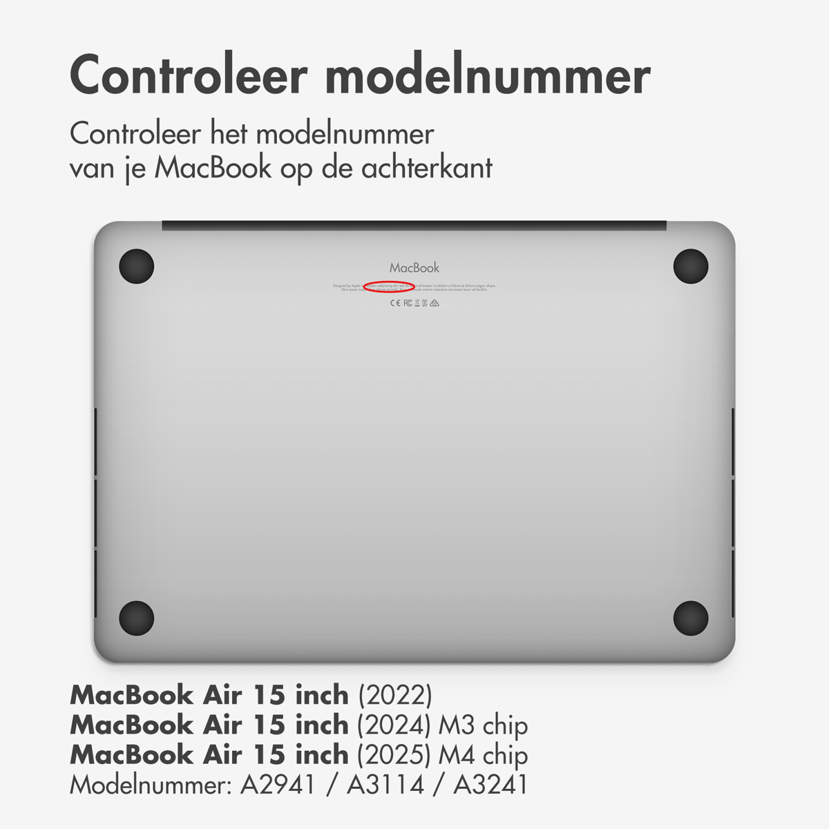 Back of a MacBook. Text says 'Controleer modelnummer' and lists model numbers A2941, A3114, and A3241 for MacBook Air 15 inch.