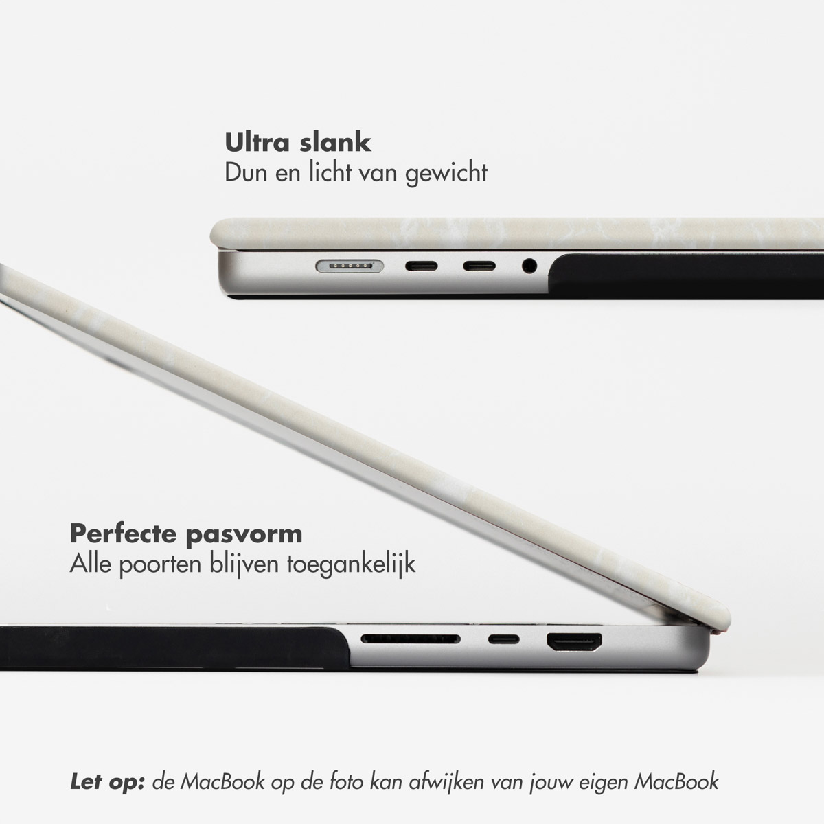 A MacBook with a protective case. The case is light-colored with a marble texture.  The laptop is shown open and closed.