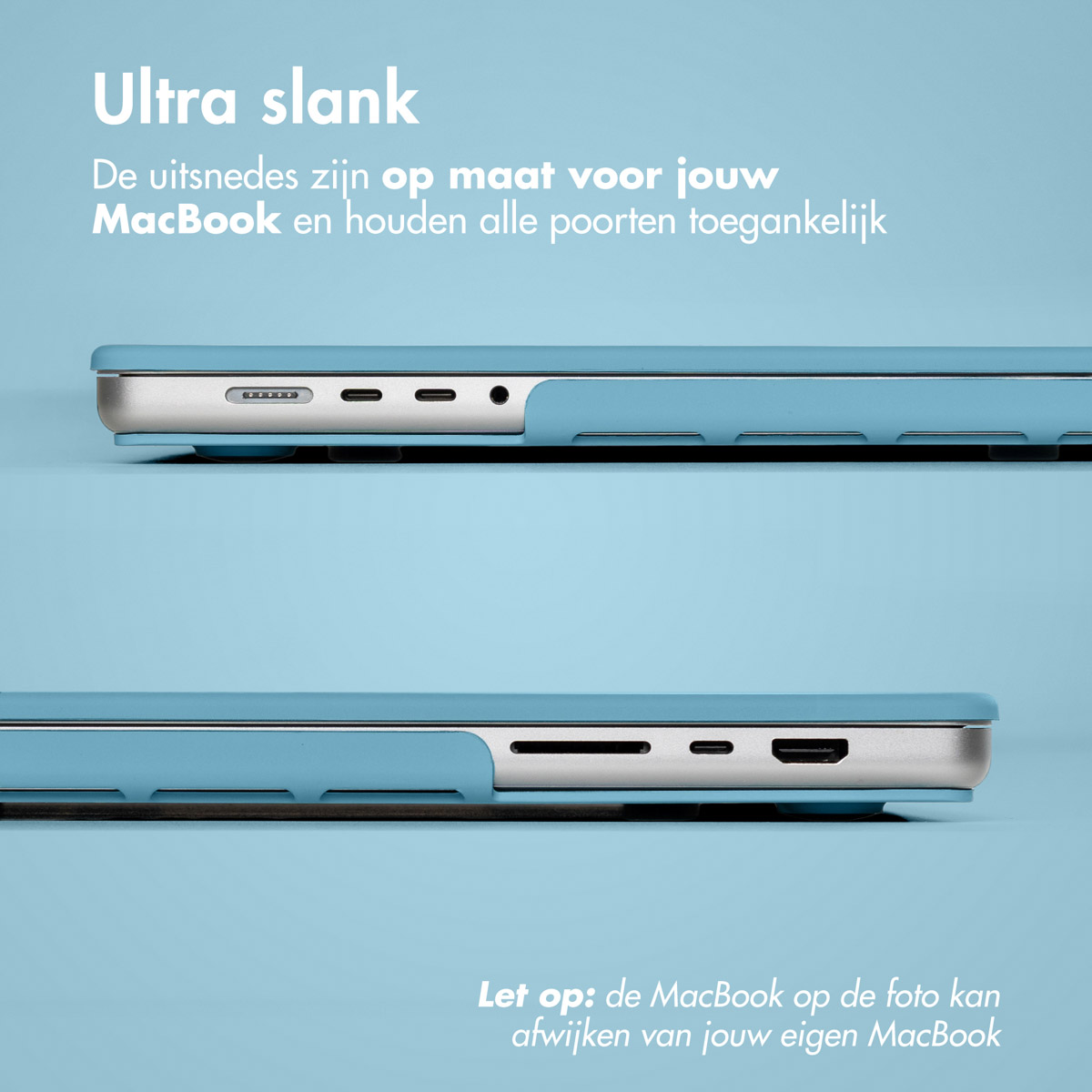 Two light blue laptop cases on a light blue background. The text says 'Ultra slank' and 'MacBook'.