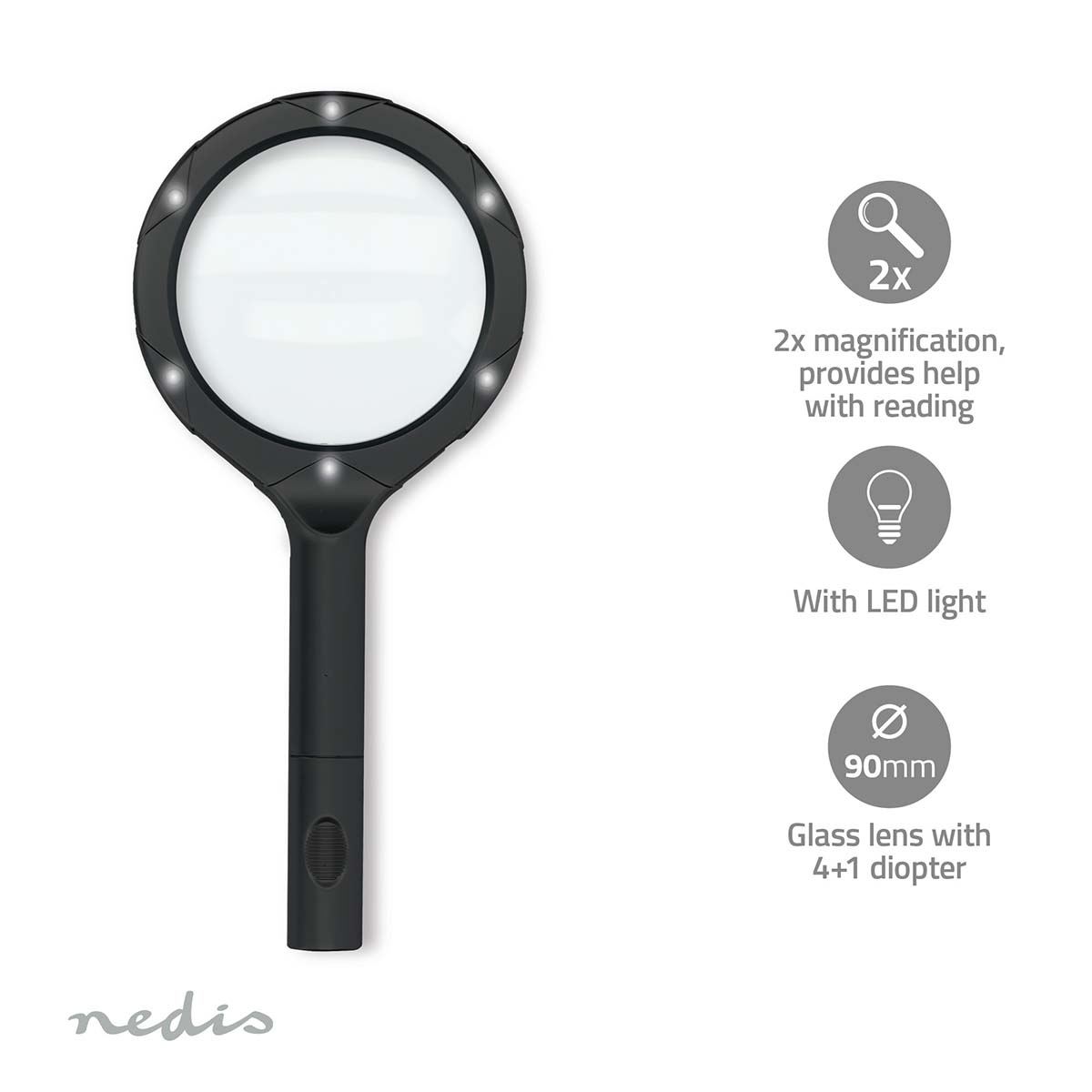 Een zwarte loep met LED-licht, 2x vergroting en een glazen lens van 90 mm. Informatie-iconen staan rechts.
