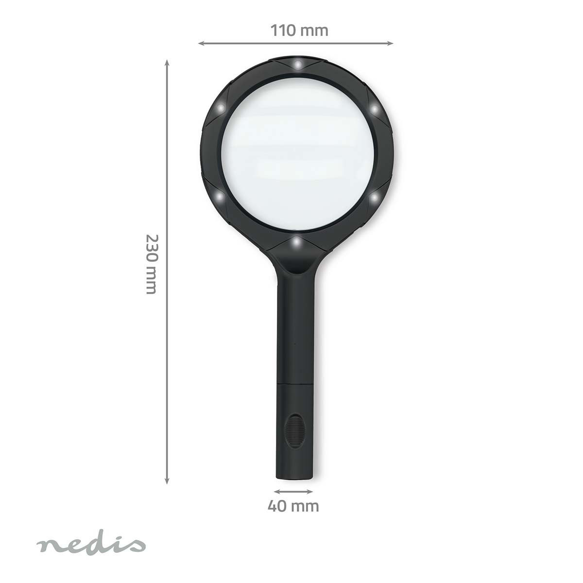 Een zwarte loep met LED's, afmetingen aangegeven. Het heeft een ronde lens, een handvat en staat op een witte achtergrond. De merknaam is zichtbaar.