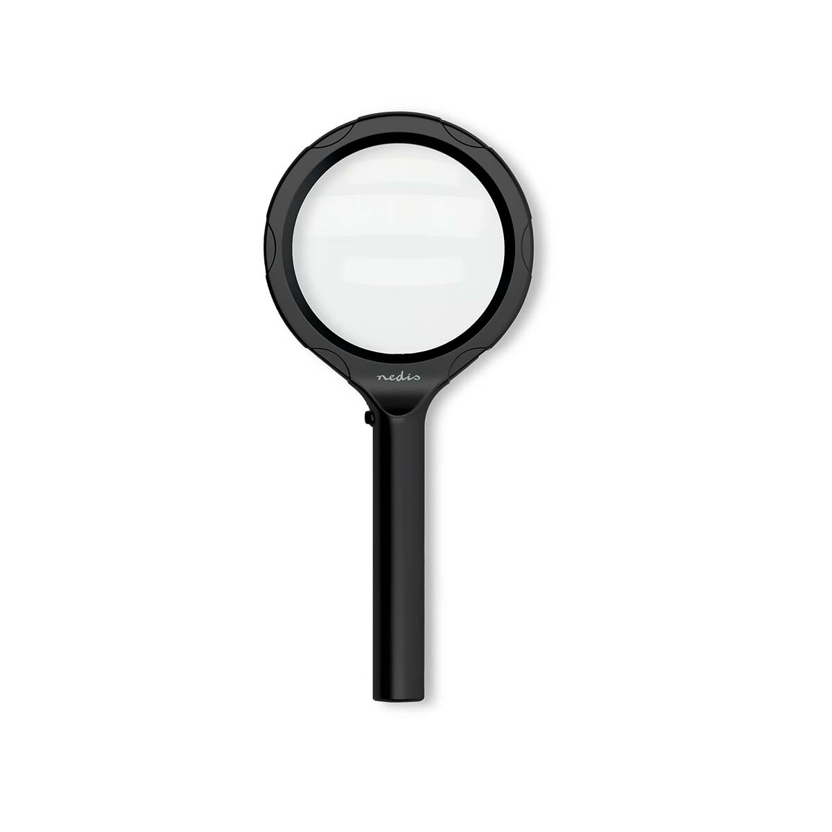 Een zwarte loep met ronde lens en handvat op een witte ondergrond. De merknaam 'nedis' is zichtbaar.