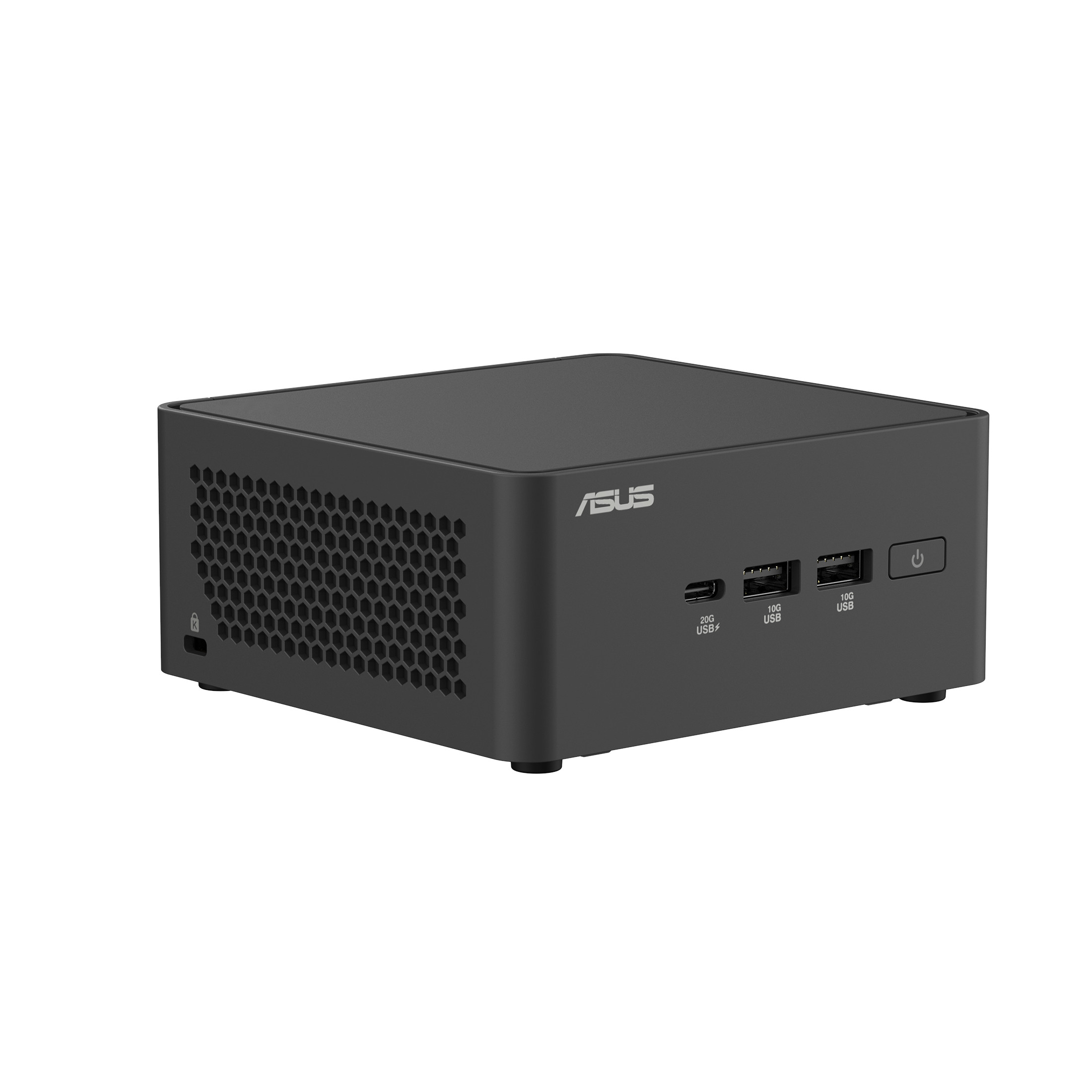 Ein schwarzer ASUS Mini-PC. Er hat einen Power-Knopf, USB-Anschlüsse und eine Wabenlüftung. Der Hintergrund ist weiß.