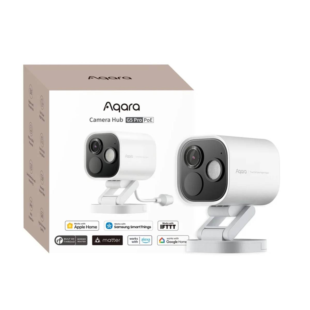 Biały Aqara Camera Hub G5 Pro PoE z pudełkiem. Posiada dwie kamery z logo Apple Home, Samsung SmartThings, IFTTT i innych.