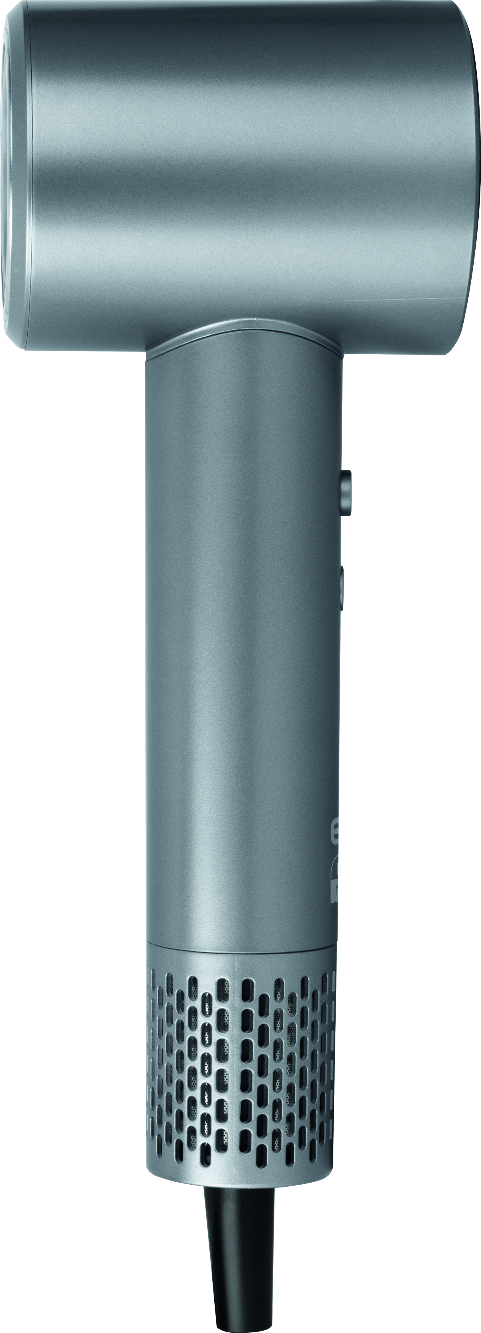 Ein grauer Haartrockner wird gezeigt. Es hat eine T-Form mit zylindrischem Körper und perforierter Düse.