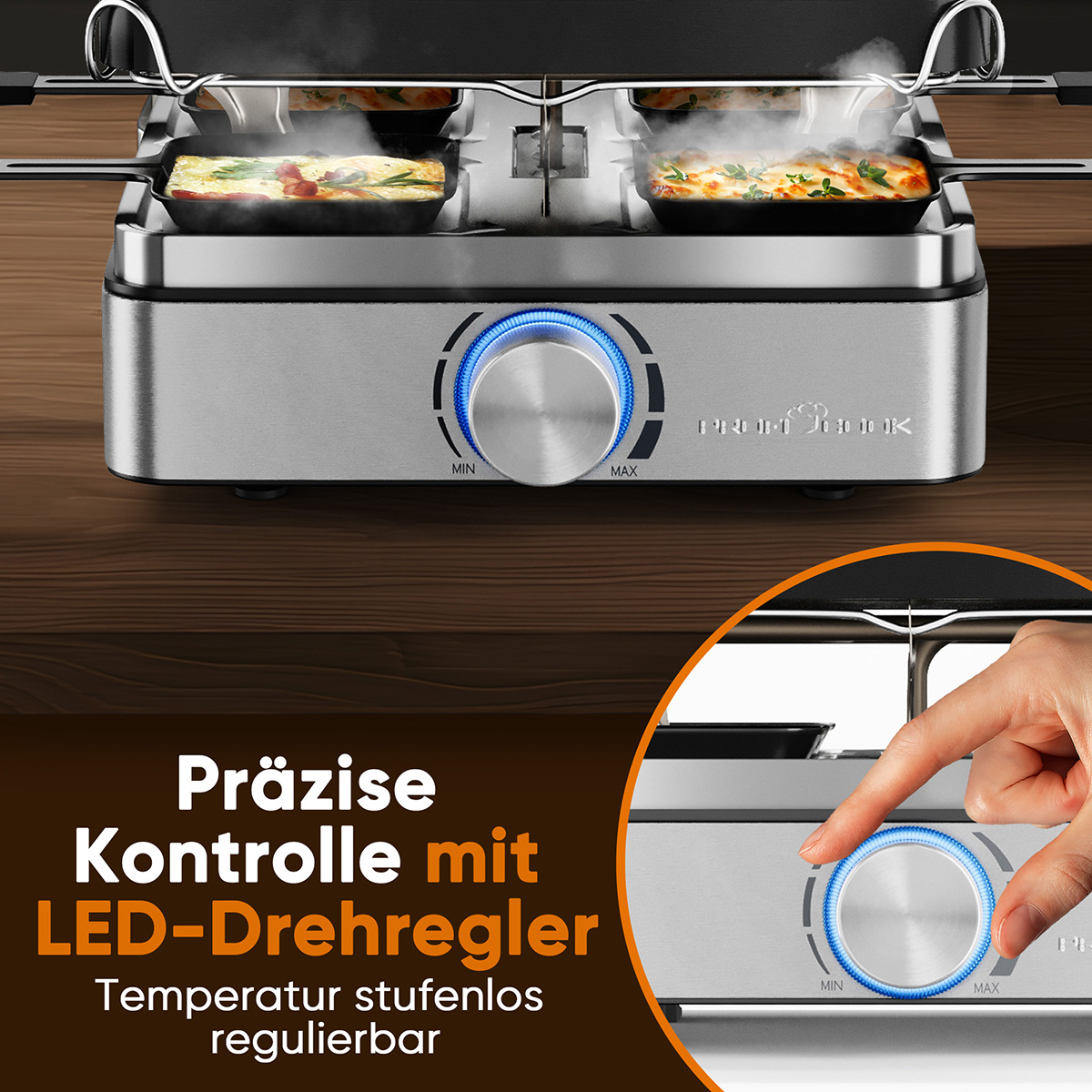 Ein Raclette-Grill mit zwei Pfannen, die Essen kochen. Eine Hand dreht einen Knopf mit blauer LED. Text: Präzise Steuerung mit LED-Drehregler.