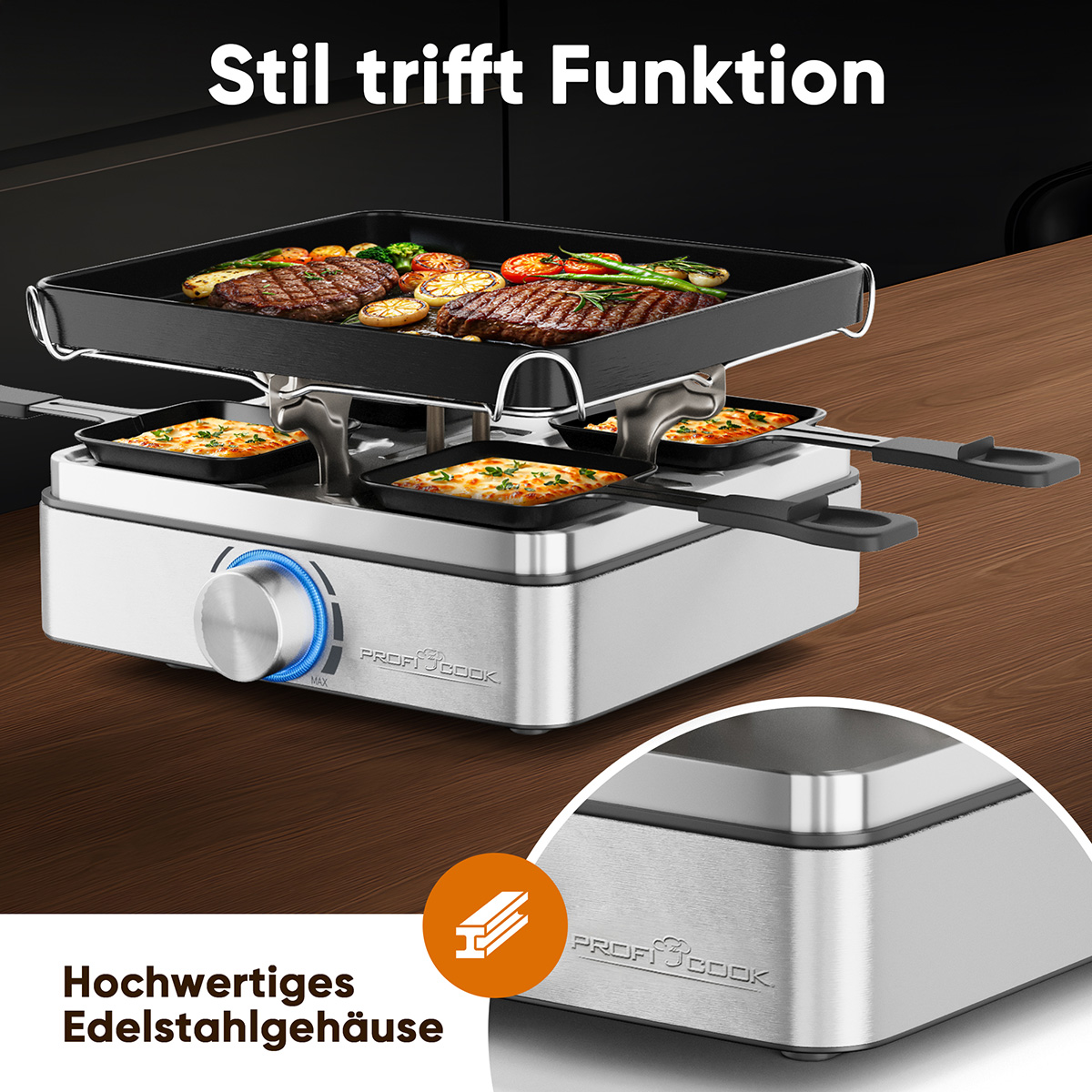 Ein Raclette-Grill mit gegrilltem Fleisch und Gemüse. Käse schmilzt in den kleinen Pfannen. Das Produkt ist aus Edelstahl.