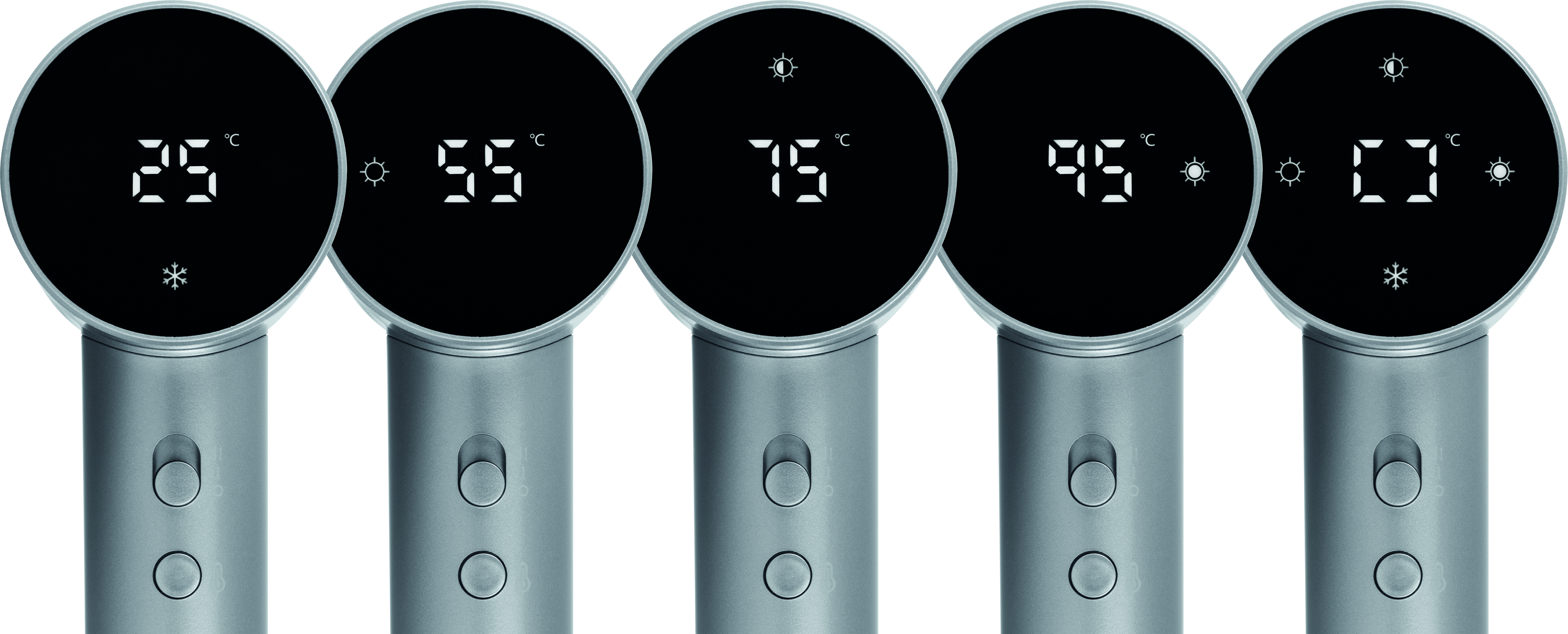 Fünf silberne Geräte mit schwarzen kreisförmigen Displays, die Temperaturen anzeigen: 25, 55, 75, 95 und 0 Grad Celsius, mit Steuertasten.
