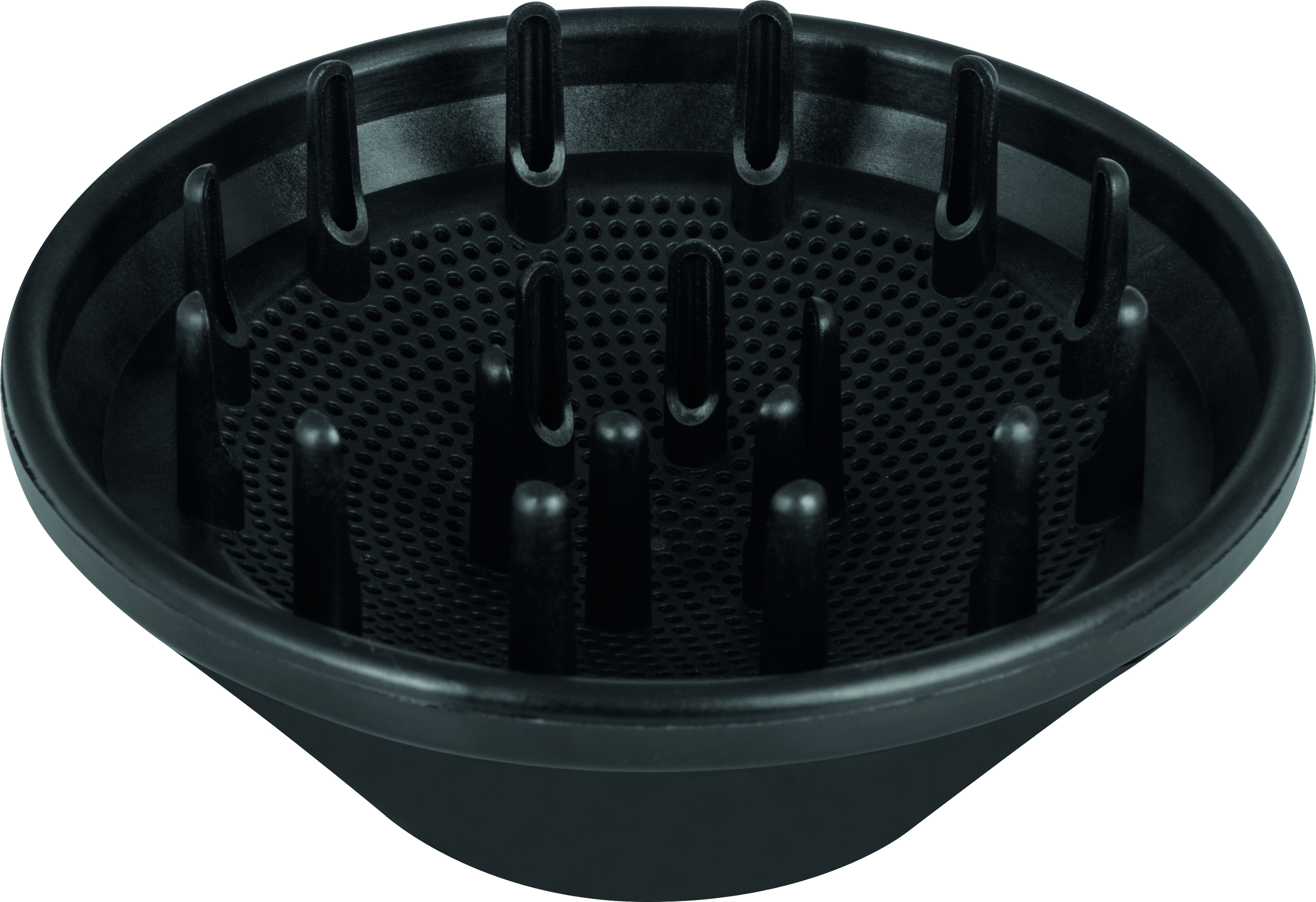 Schwarzer Haartrocknerdiffusor. Er hat eine perforierte Oberfläche mit vertikalen, gebogenen Zinken.