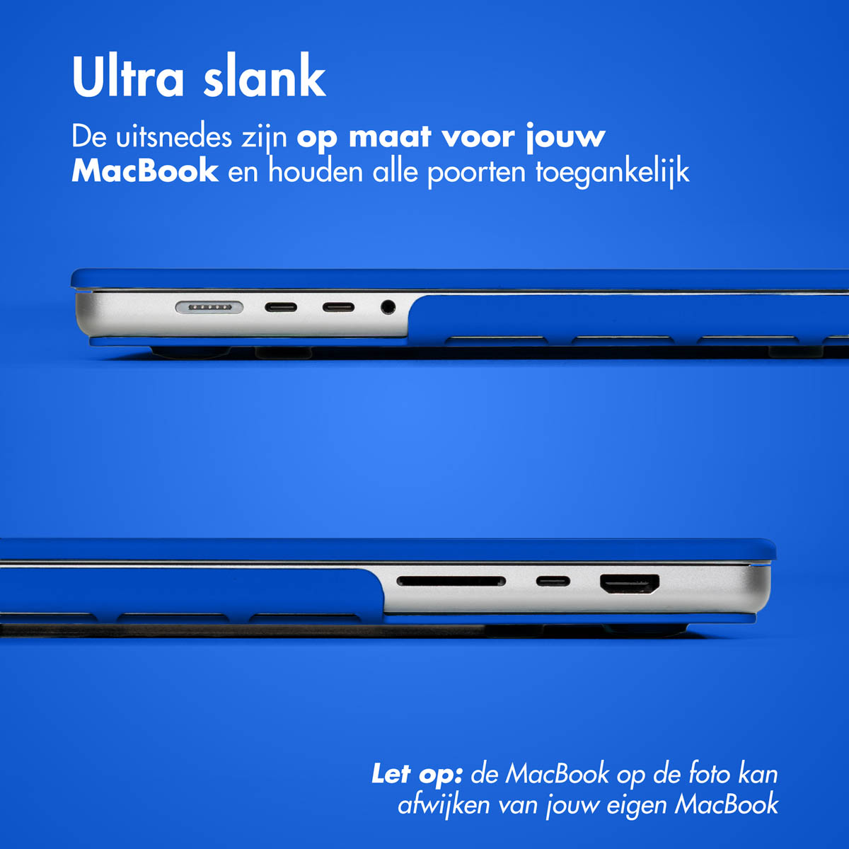 Dos MacBooks con fundas azules. Texto: Ultra delgado, adaptado para tu MacBook. El fondo es azul.