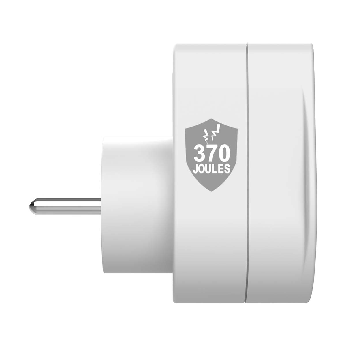 Ein weißer Netzadapter mit einem silbernen Stift. Er hat ein Schildsymbol mit 370 Joule.
