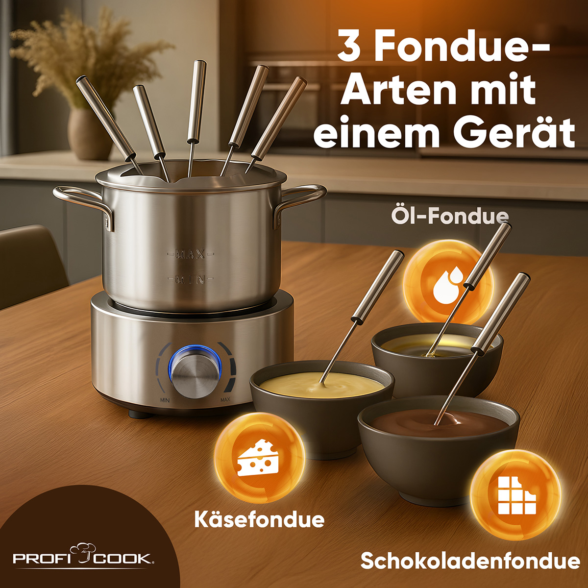 Ein Fondue-Set mit drei Arten: Öl, Käse und Schokolade. Enthält einen Topf mit Gabeln, Schalen und beleuchteten Symbolen.