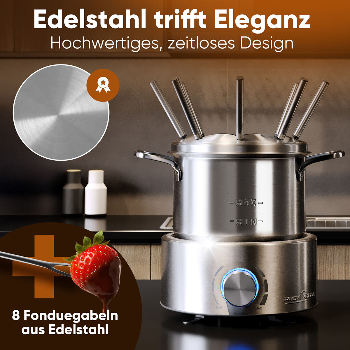 Ein Edelstahl-Fondue-Set mit einer in Schokolade getauchten Erdbeere. Text: 'Edelstahl trifft Eleganz'. Enthält acht Fonduegabeln.