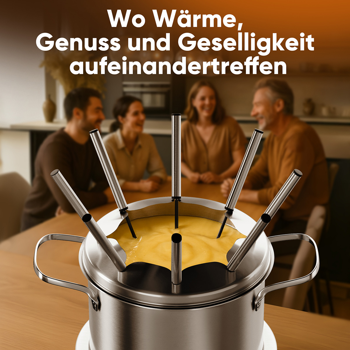 Ein Käsefondue-Topf, umgeben von Freunden. Die Leute lächeln und genießen das Essen. Der Topf steht auf einem Holztisch.