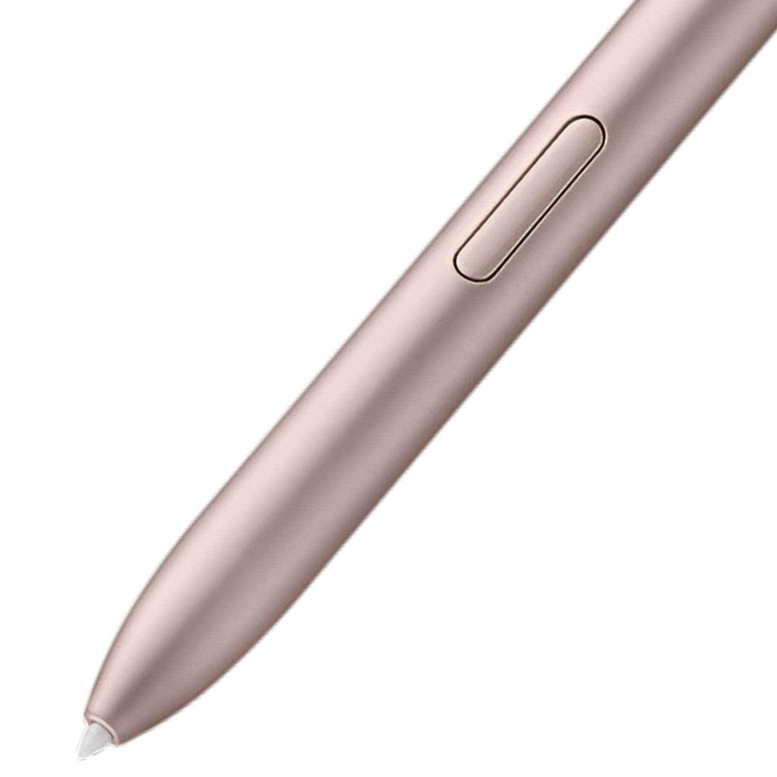Nahaufnahme eines roségoldenen Stiftes mit Knopf und weißer Spitze, vor weißem Hintergrund.