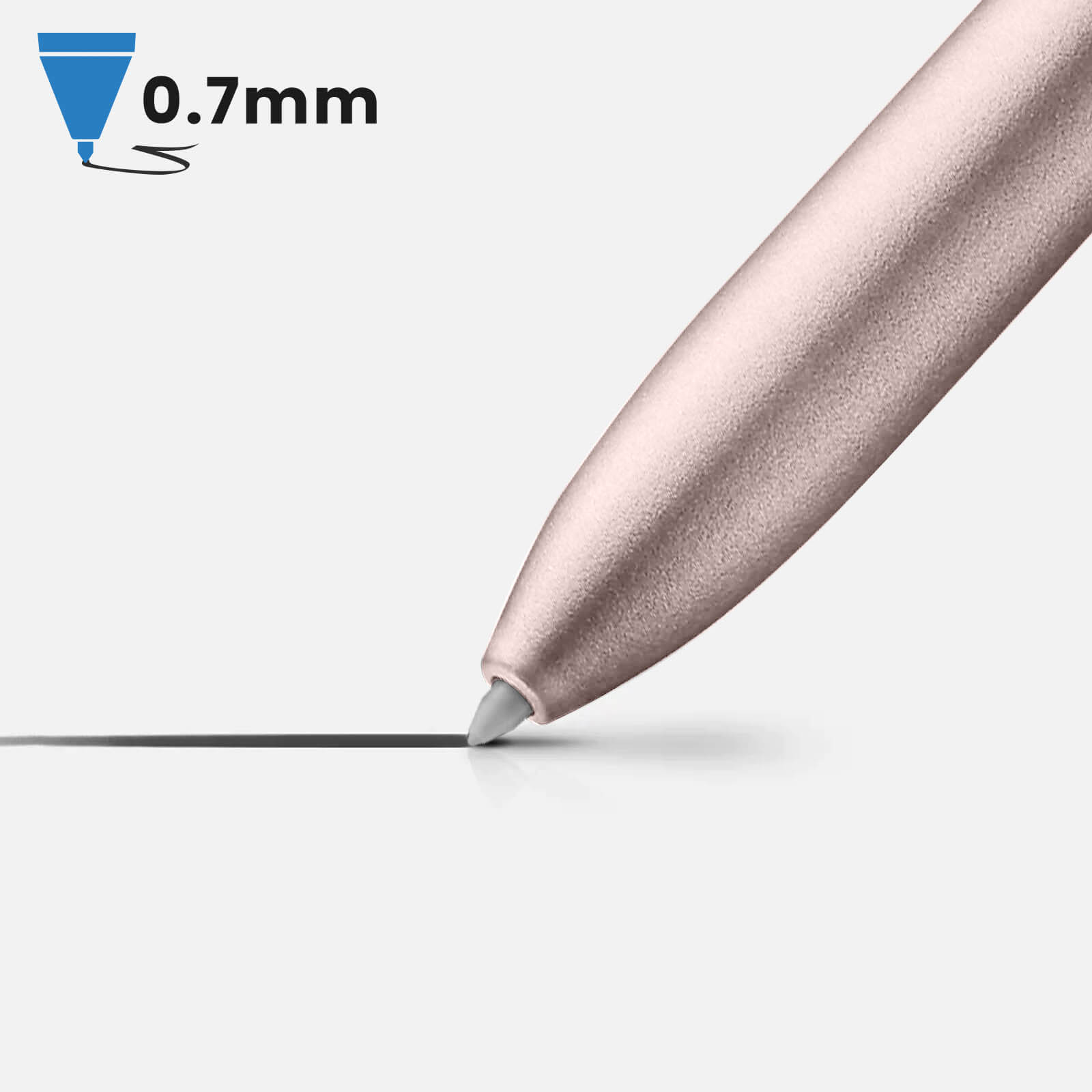 Ein roségoldener Stift schreibt eine Linie. Ein blaues Symbol mit "0,7 mm" befindet sich oben links.