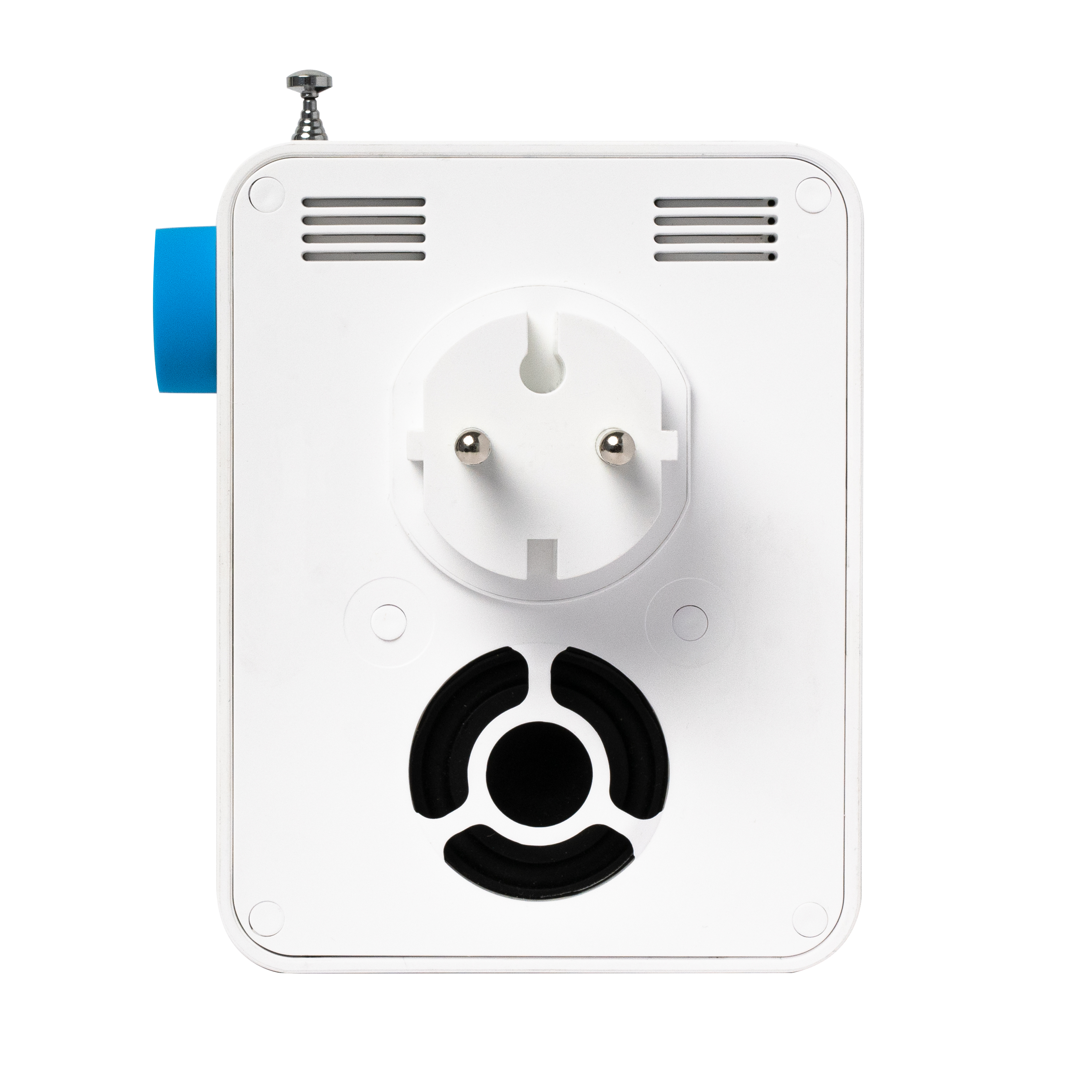 Weißer Smart-Stecker mit blauer Seite, Antenne und schwarzem Lüfter. Er hat einen Euro-Stecker.