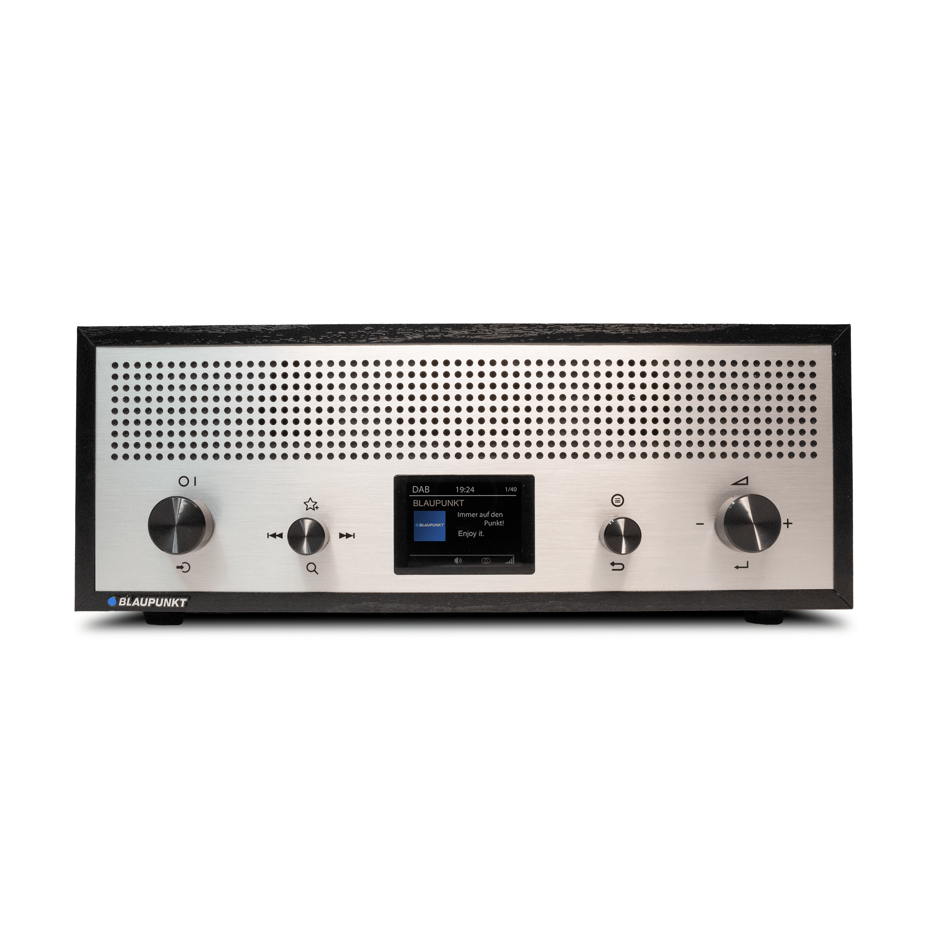 Ein Blaupunkt-Radio mit schwarzem Rahmen. Es hat eine silberne Front mit Knöpfen und ein Display.