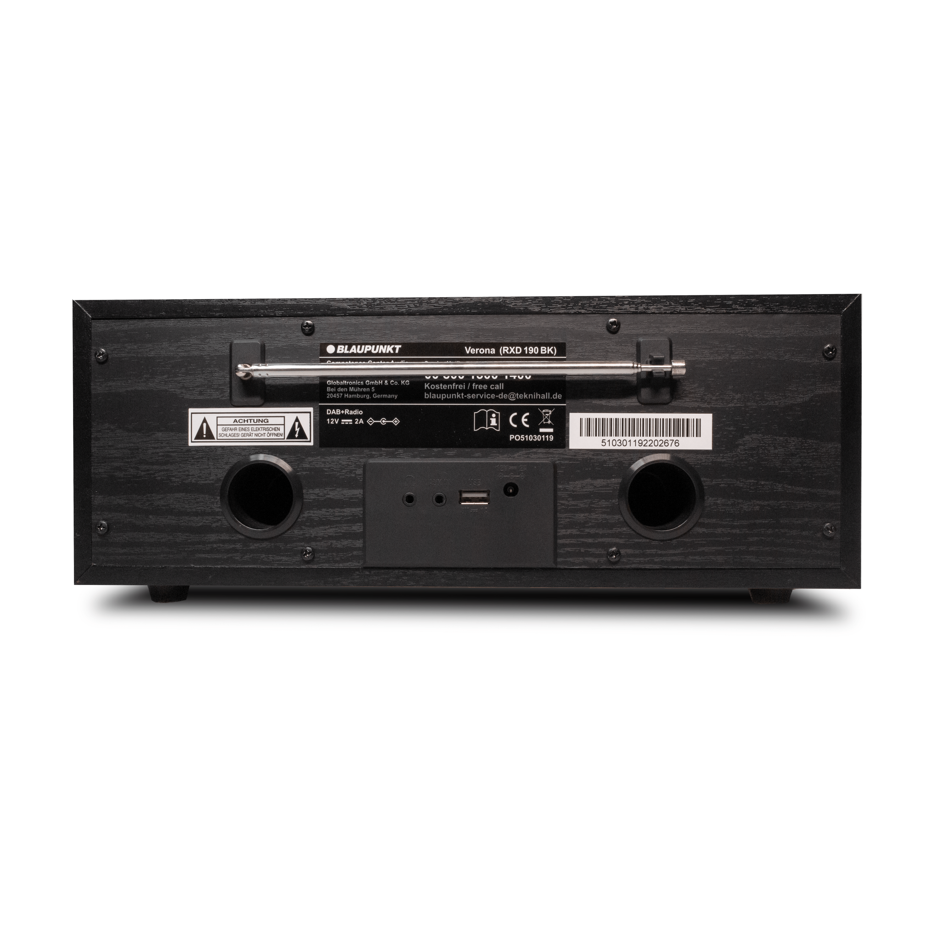 Schwarzes Blaupunkt Verona-Radio, Rückansicht, mit Etiketten und Anschlüssen. Enthält Antenne und Lautsprecherlöcher.