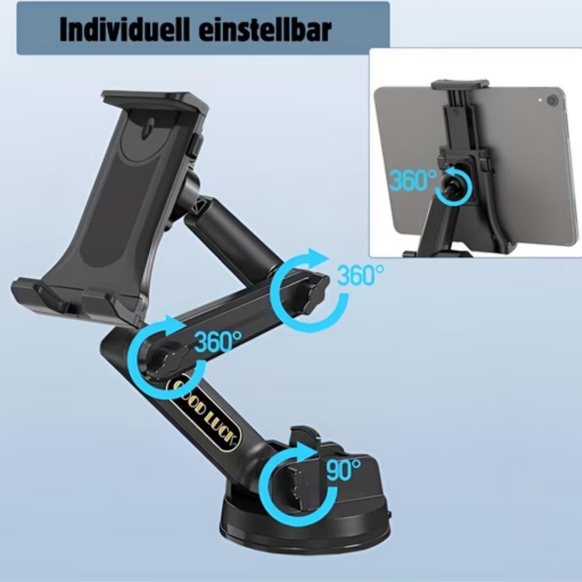 Ein schwarzer, verstellbarer Tablethalter mit 360°- und 90°-Drehanzeigen. Ein Tablet ist befestigt. Der Hintergrund ist hellblau.