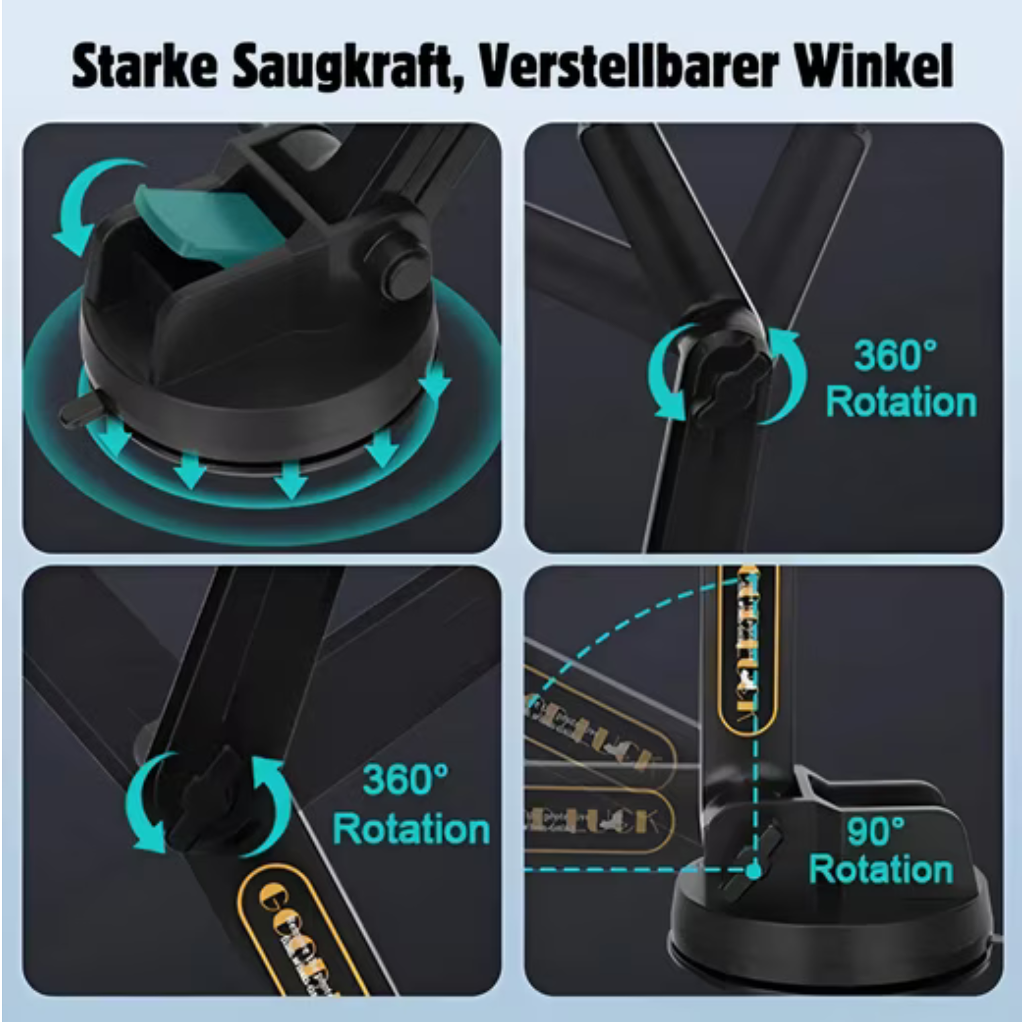 Das Bild zeigt ein schwarzes Gerät mit verstellbaren Winkeln, das mit 360° und 90° Drehung gekennzeichnet ist.
