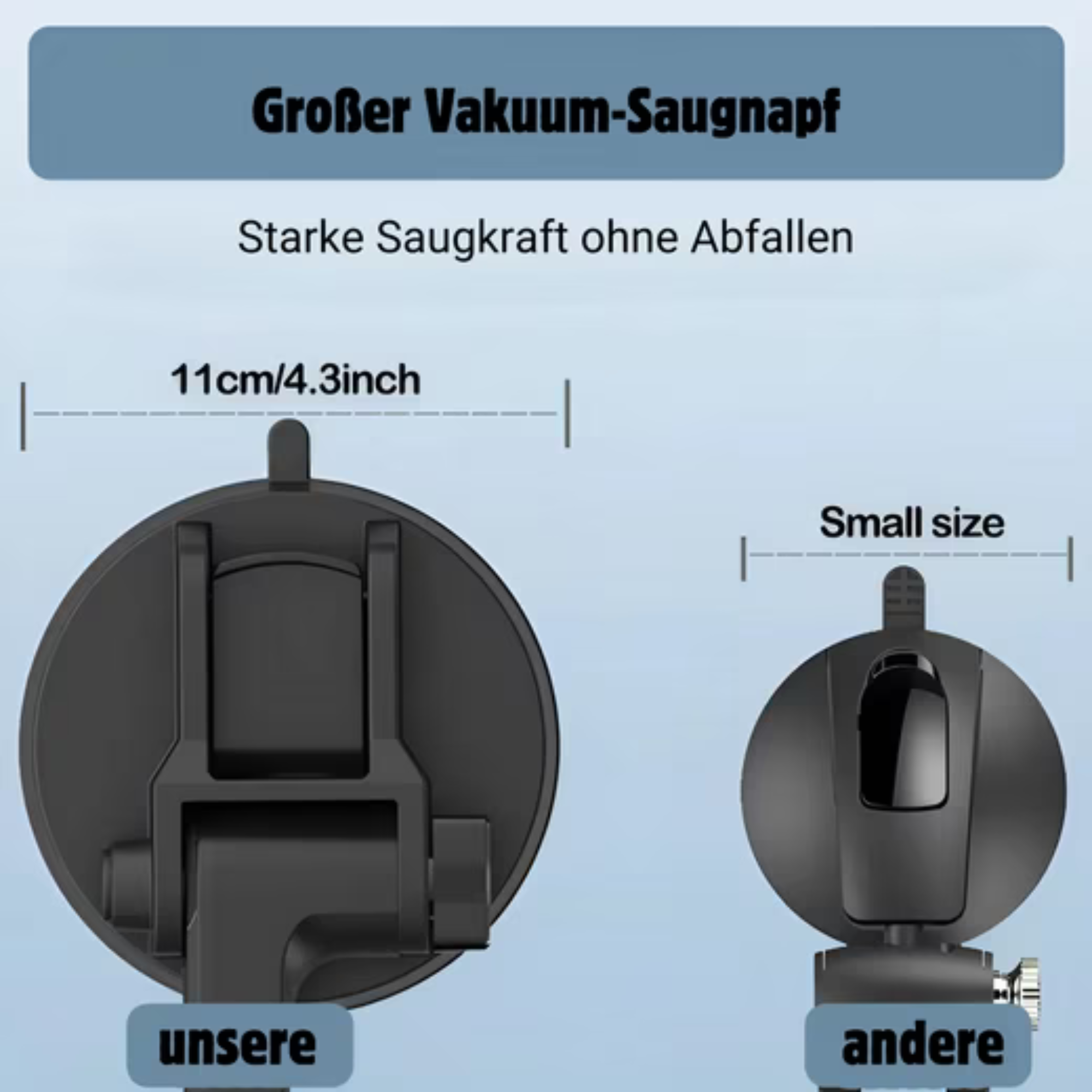 Das Bild zeigt zwei schwarze Saugnäpfe mit Größen, Text auf Deutsch und Abmessungen. Einer ist mit 'unsere' und der andere mit 'andere' beschriftet.