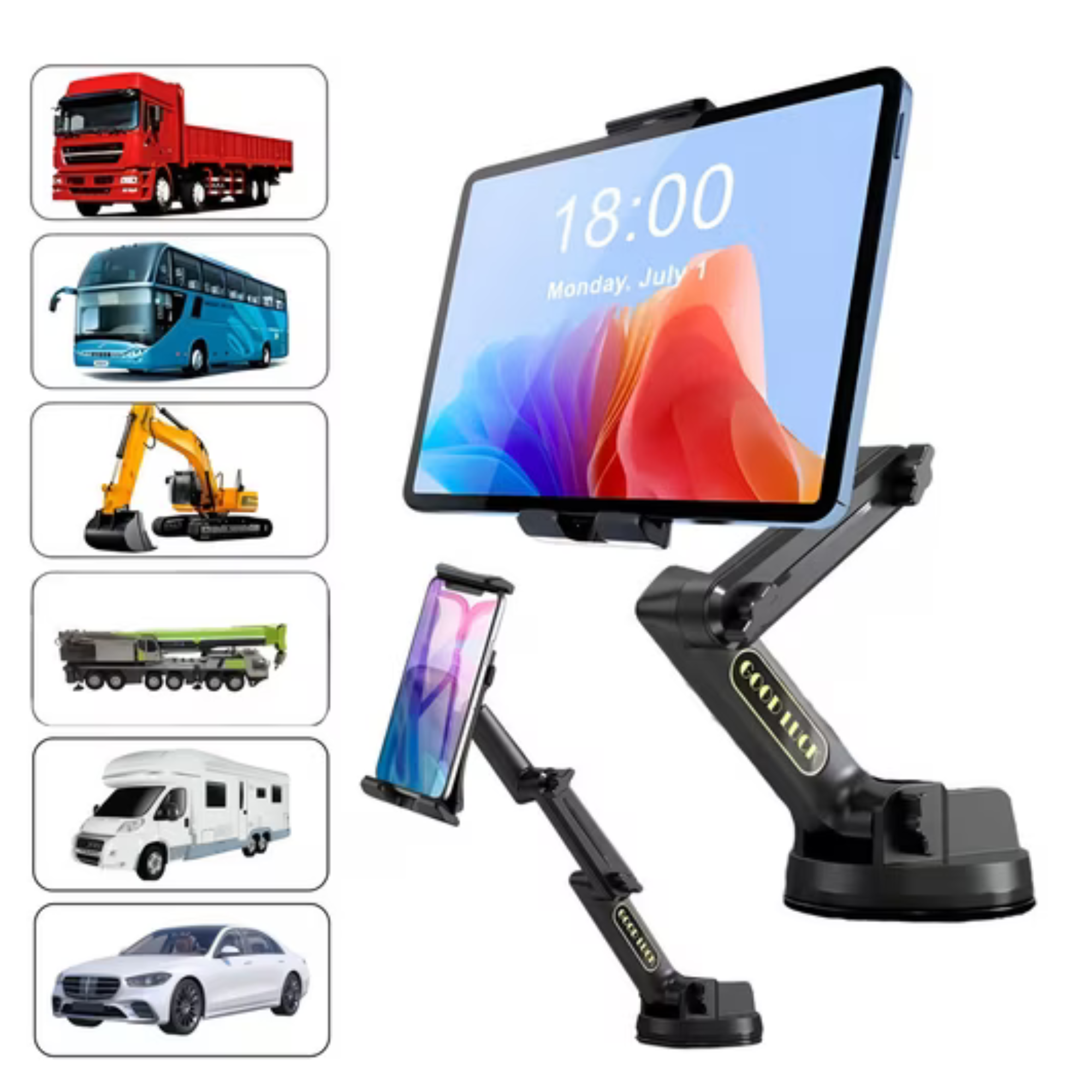 Das Bild zeigt einen Tablet- und Telefonhalter mit verschiedenen Fahrzeugen in Kästen und einem Tablet, das die Uhrzeit anzeigt.