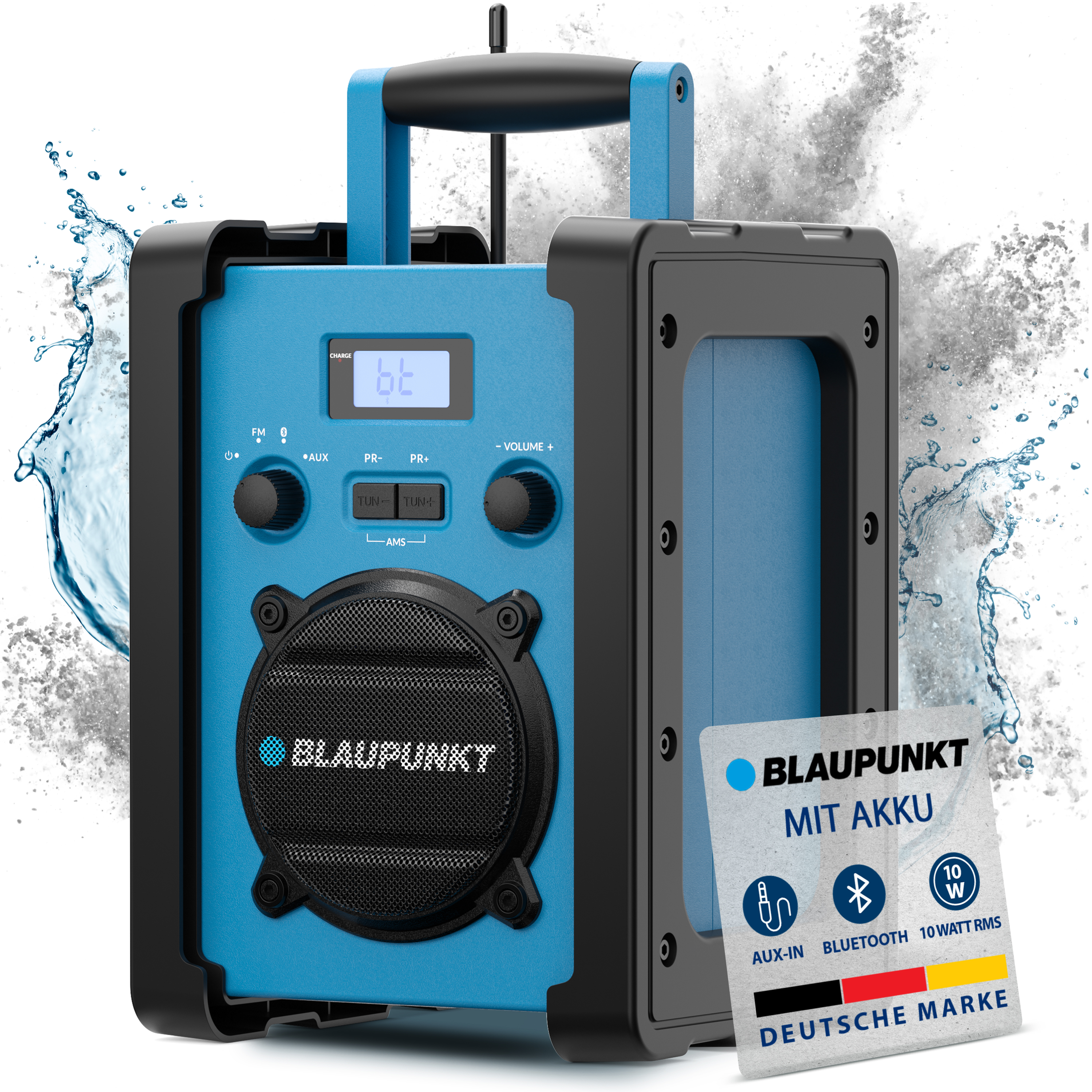 Blauer Blaupunkt-Lautsprecher mit schwarzen Akzenten, Griff und Produktinfokarte. Wasserspritzer im Hintergrund.