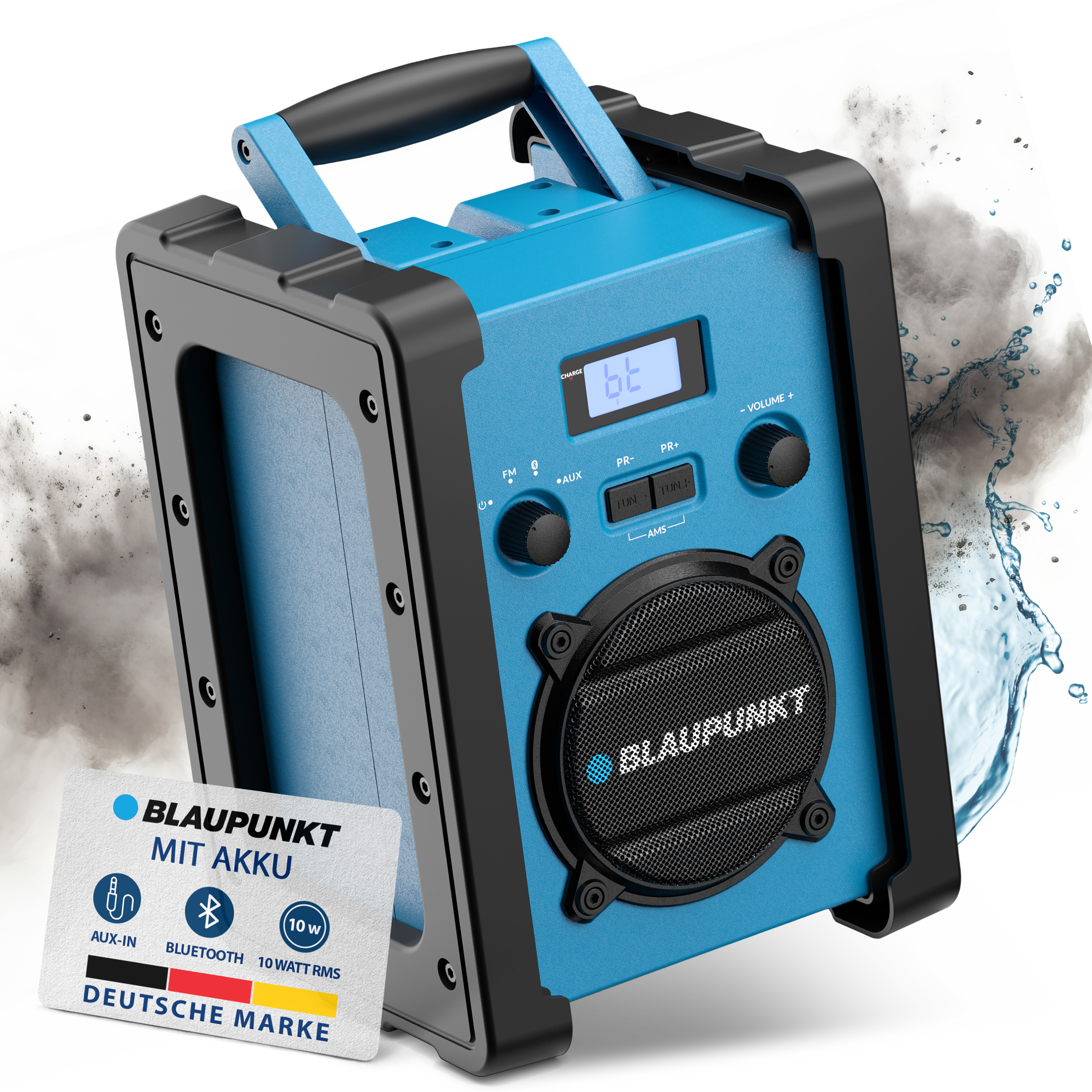 Ein blauer Blaupunkt-Lautsprecher mit schwarzen Akzenten. Verfügt über einen Griff, Knöpfe und einen Lautsprechergrill.