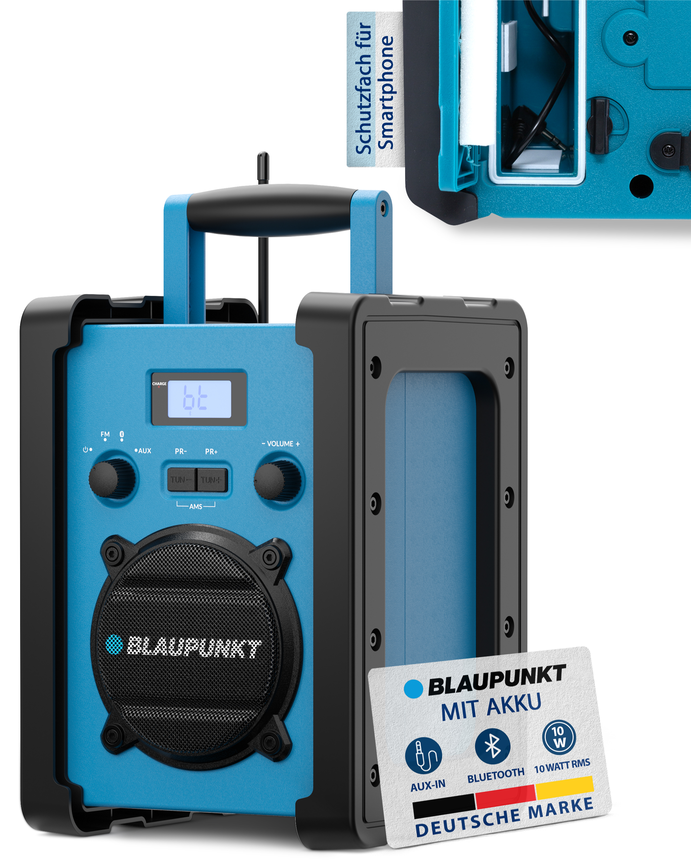 Ein blauer Blaupunkt-Lautsprecher mit schwarzen Akzenten. Er hat einen Griff und eine Karte mit Funktionen.
