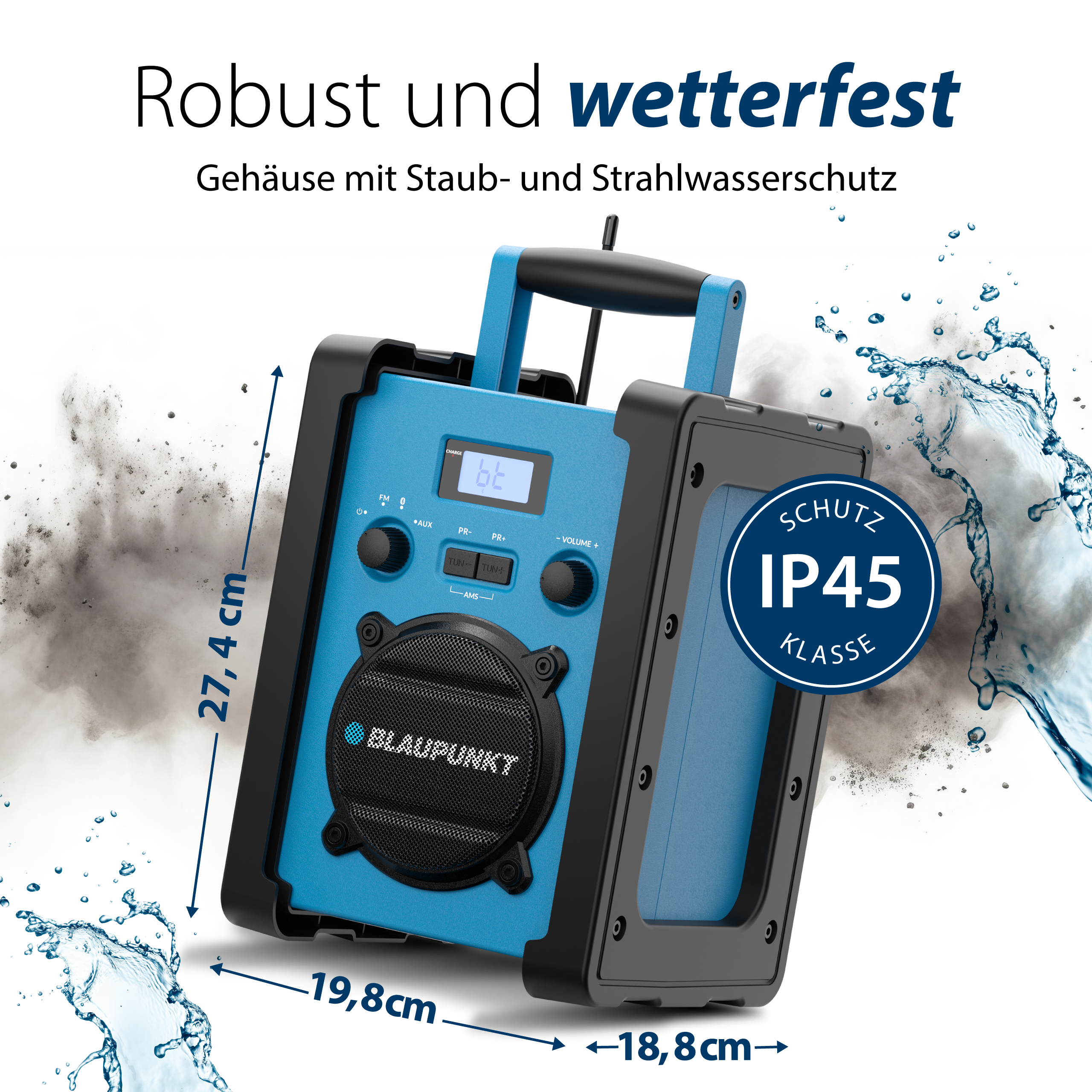 Ein blau-schwarzes Blaupunkt-Radio mit Abmessungen, IP45-Schutz und einem Wasserspritzer im Hintergrund.