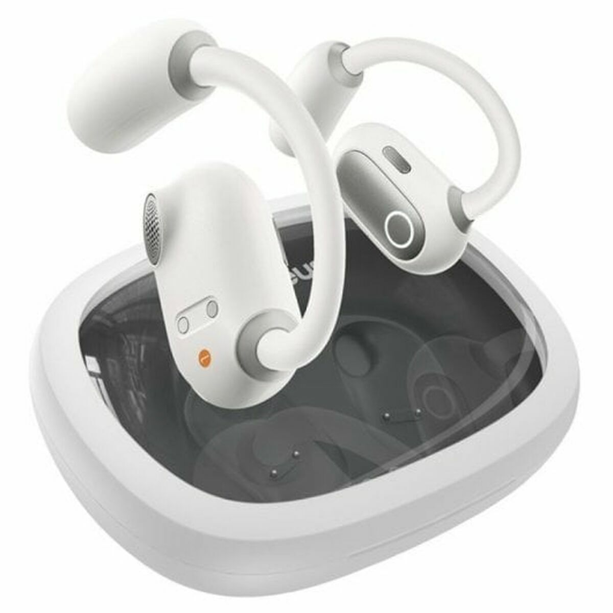 Auriculares inalámbricos blancos con estuche de carga. Los auriculares tienen un diseño único, con una banda curva. La funda es blanca, parte superior transparente.