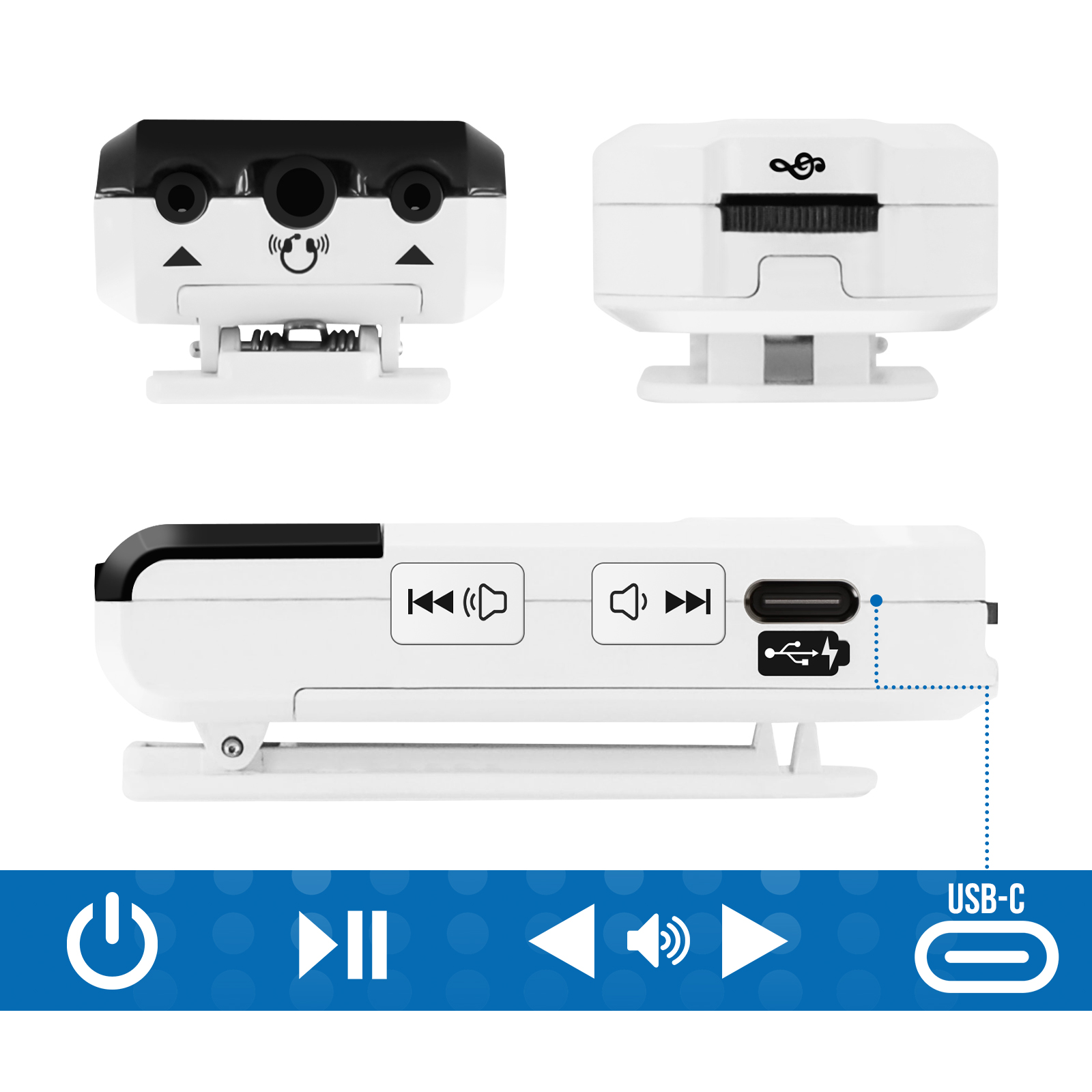 Weißer Audioplayer mit schwarzen Akzenten. Verfügt über Kopfhöreranschlüsse, Bedienelemente und einen USB-C-Anschluss. Blauer Hintergrund mit Symbolen.