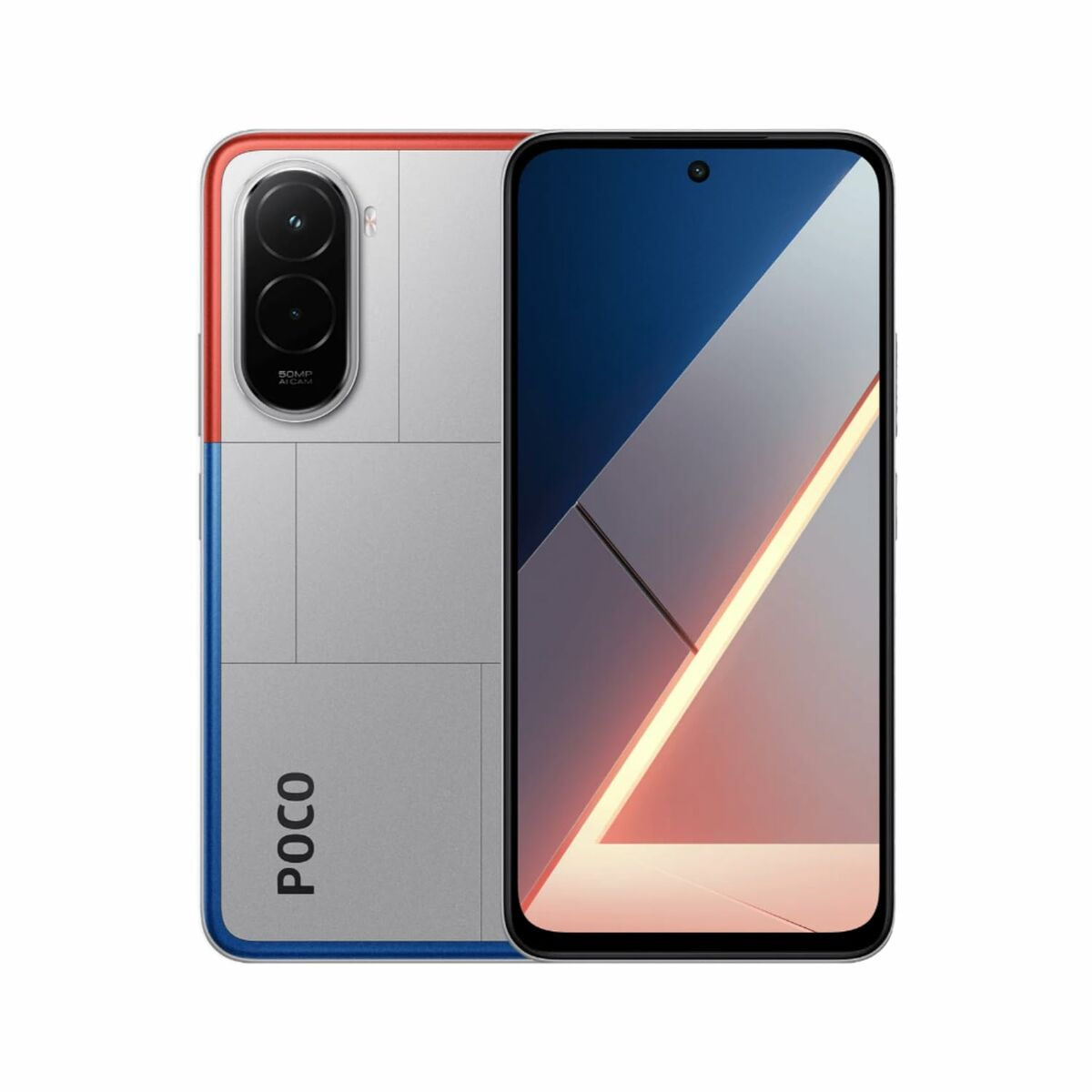 Smartfon ze srebrnym tyłem. Tył ma czerwone i niebieskie akcenty z logo POCO. Ekran wyświetla gradient.