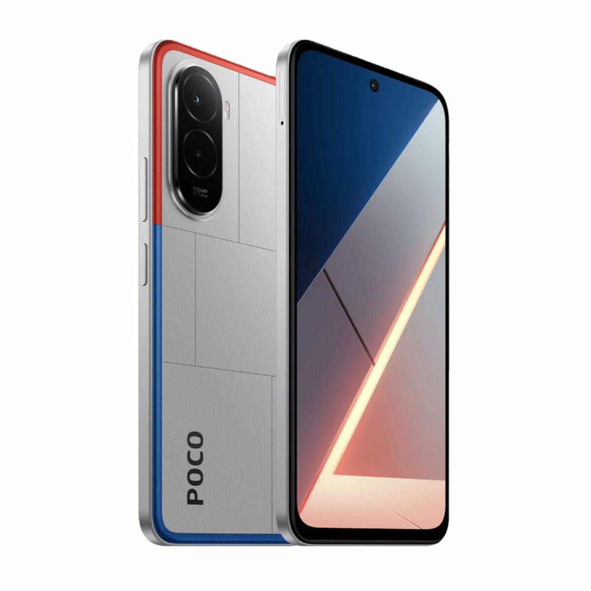 Srebrno-czarny smartfon z ekranem wyświetlającym niebiesko-pomarańczowy gradient. Telefon ma czerwono-niebieską obwódkę.