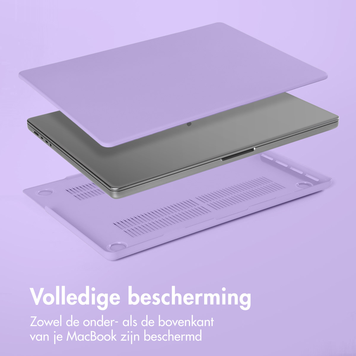 A MacBook with a lilac case. The case is in three parts: top, bottom, and a grey laptop. Text below: 'Complete protection'.
