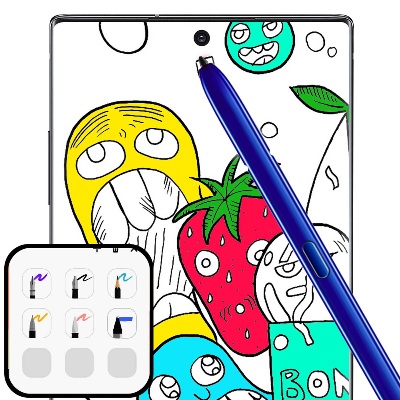 Uno smartphone che mostra una pagina da colorare di cartoni animati con una penna. Contiene una fragola e personaggi dei cartoni animati.