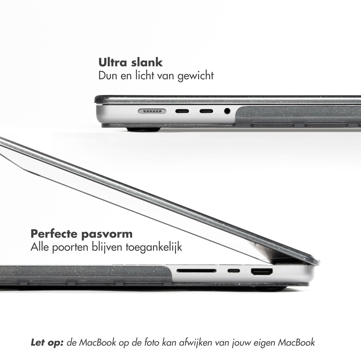 Two views of a laptop. Top shows side view, text says 'Ultra slim, thin and light'. Bottom shows ports, text says 'Perfect fit'.