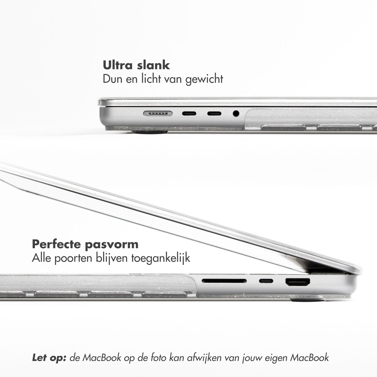 Seitenansicht eines silbernen Laptops mit niederländischem Text. Der Text beschreibt den Laptop als ultradünn und leicht.