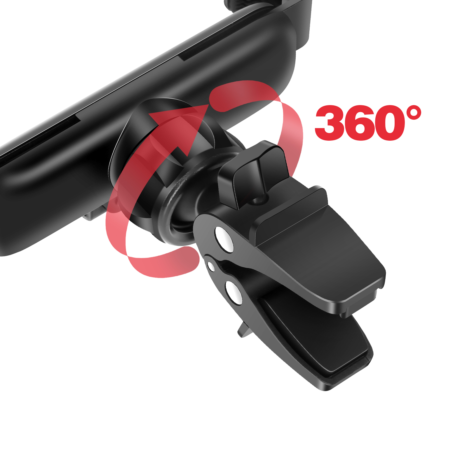 Supporto nero per telefono da auto con freccia rossa a 360 gradi. Il supporto è su sfondo bianco.