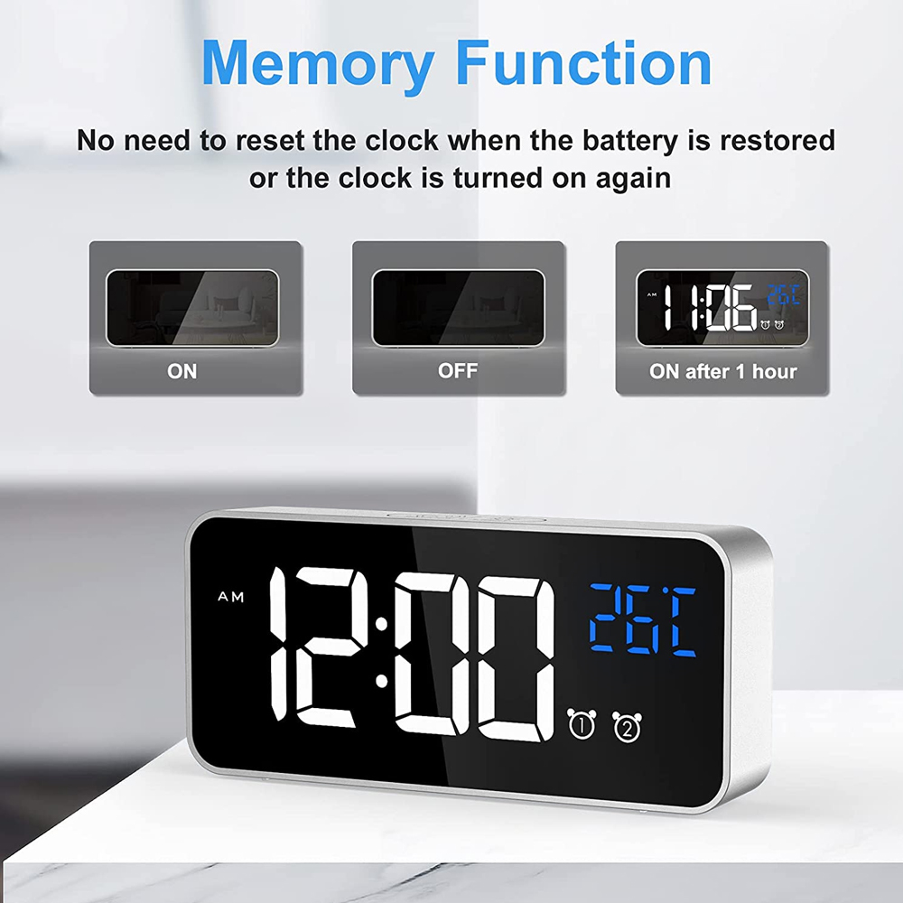 Ein Wecker zeigt 12:00 AM und 26 an. Oben werden ON, OFF und 11:06 angezeigt. Text sagt 'Memory Function'.