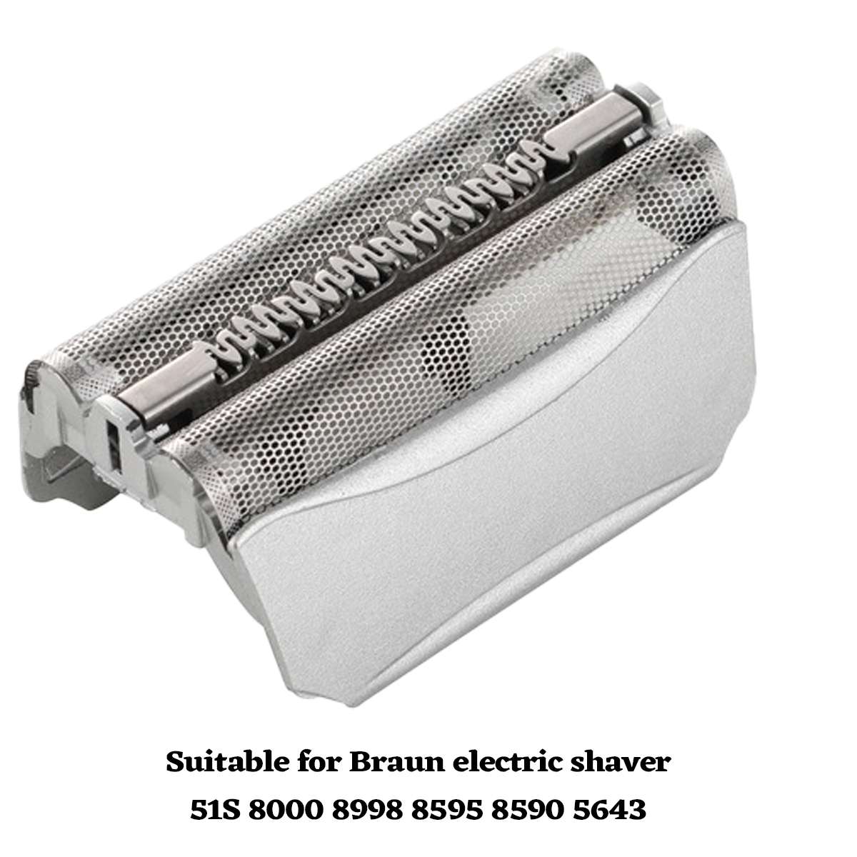 Ein silberner Elektrorasiererkopf, passend für Braun. Er hat perforierte Metallklingen und einen silbernen Sockel. Text unten.