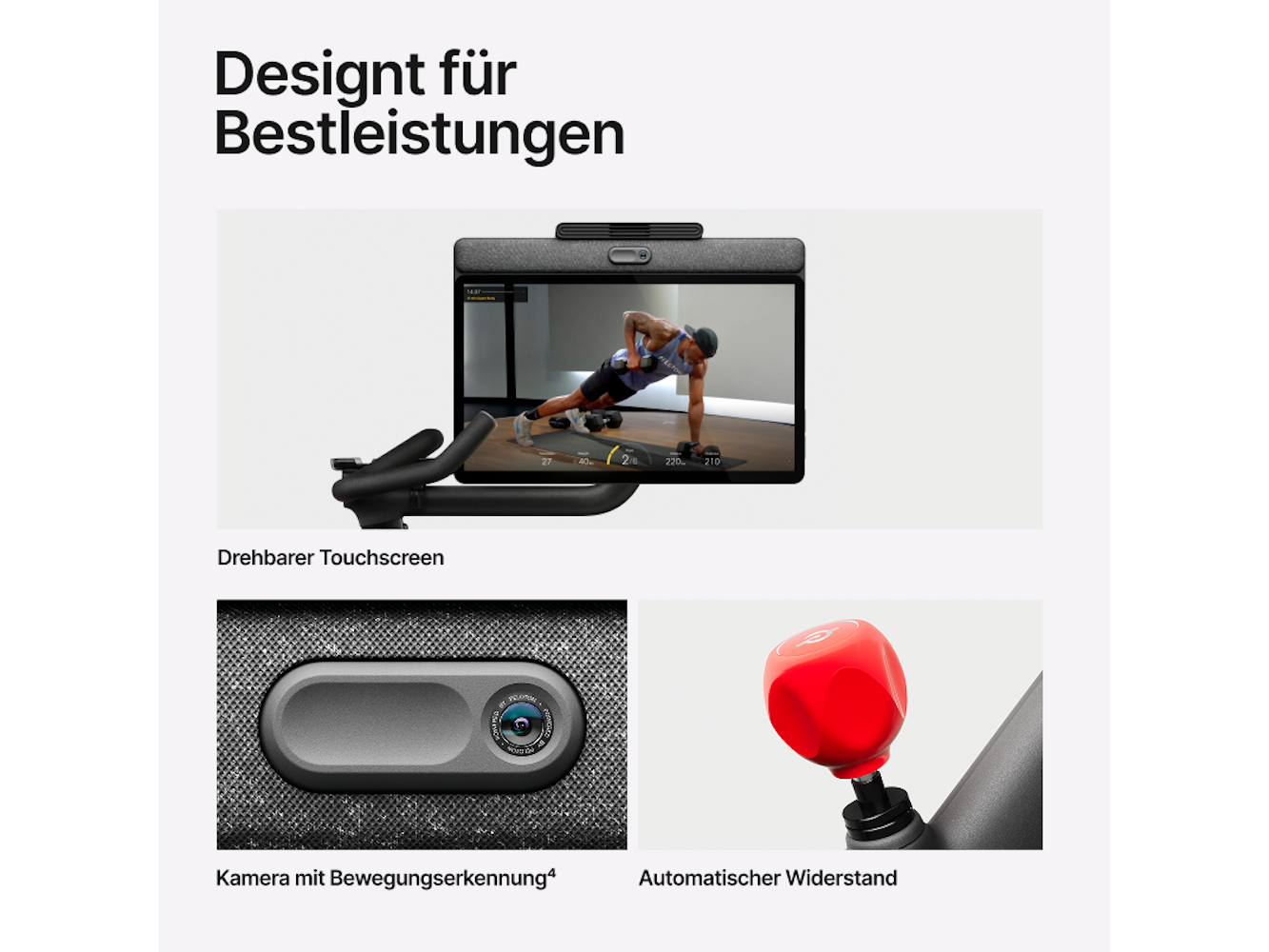 Ein Trainingsrad mit Bildschirm, der ein Training zeigt. Zu den Merkmalen gehören eine Kamera, ein Touchscreen und ein Widerstandsknopf.