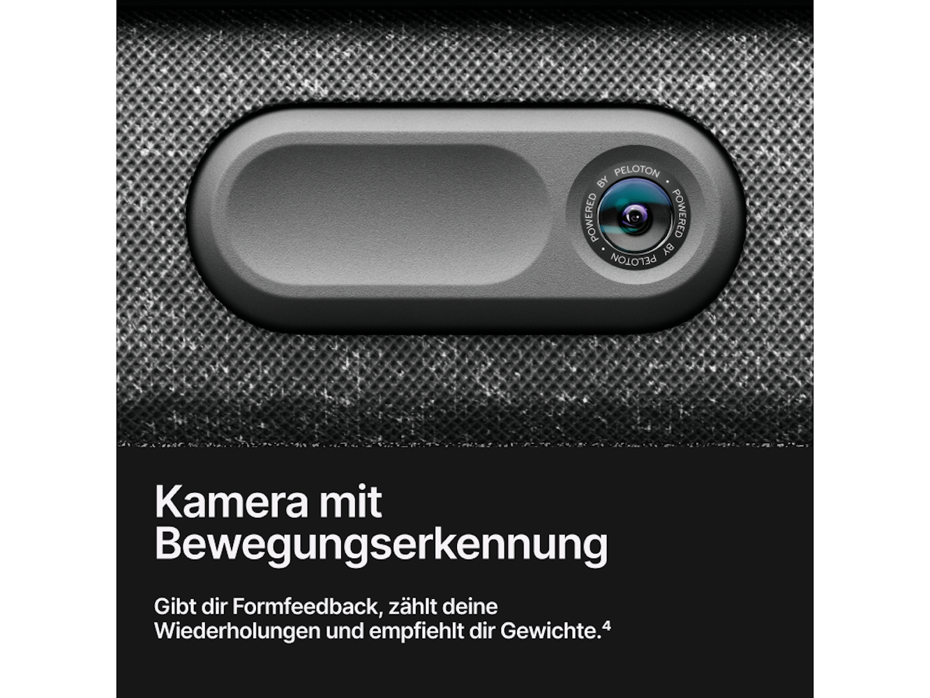 Dunkelgraue Kamera mit 'Peloton'-Text auf strukturiertem Hintergrund. Text darunter: 'Kamera mit Bewegungserkennung'.